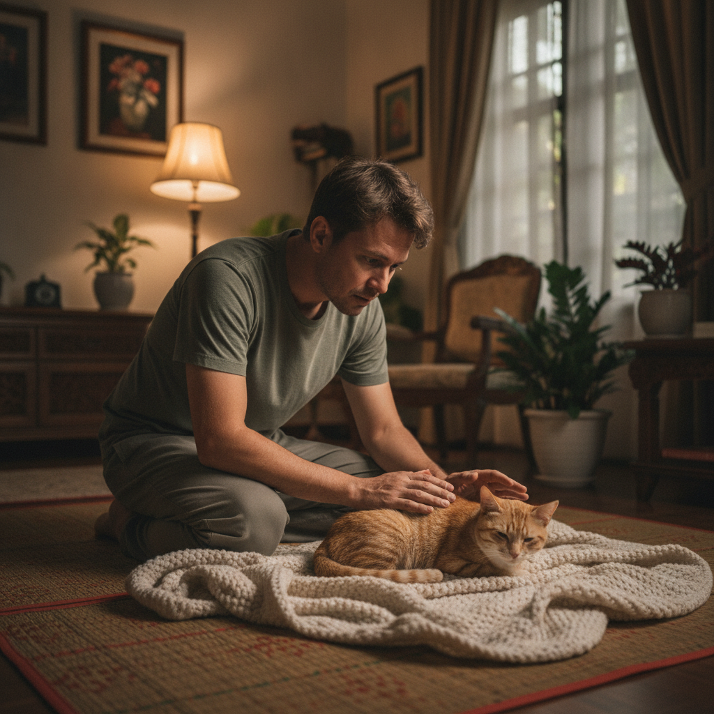 An owner calmly watching over a cat recovering on a blanket after a seizure