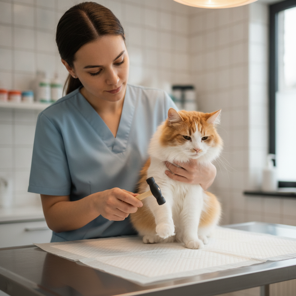 A vet performing a neurological examination on a cat to investigate seizures