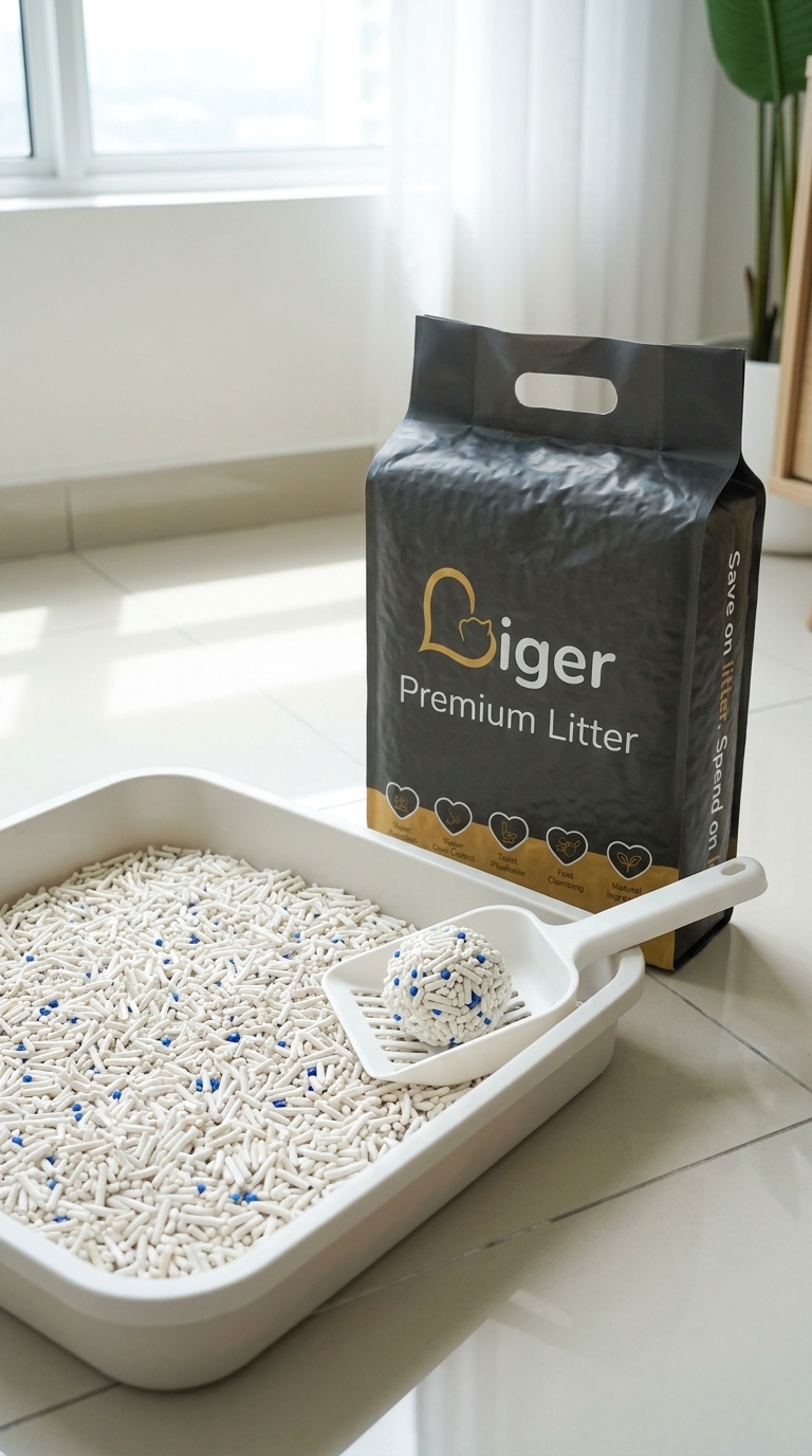 A Liger tofu cat litter pouch beside a clean low litter tray suitable for a recovering cat