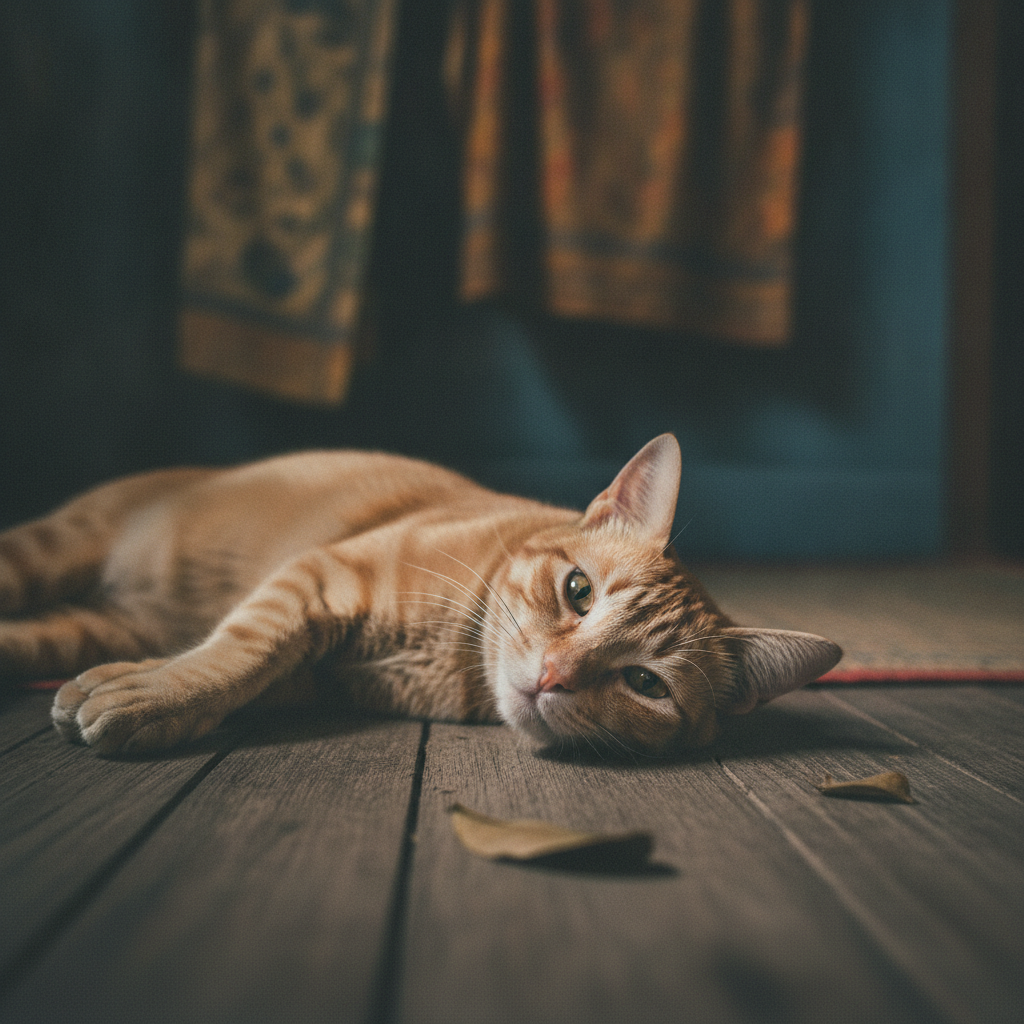 A dazed, disoriented cat lying on its side, reflecting the post-seizure recovery phase
