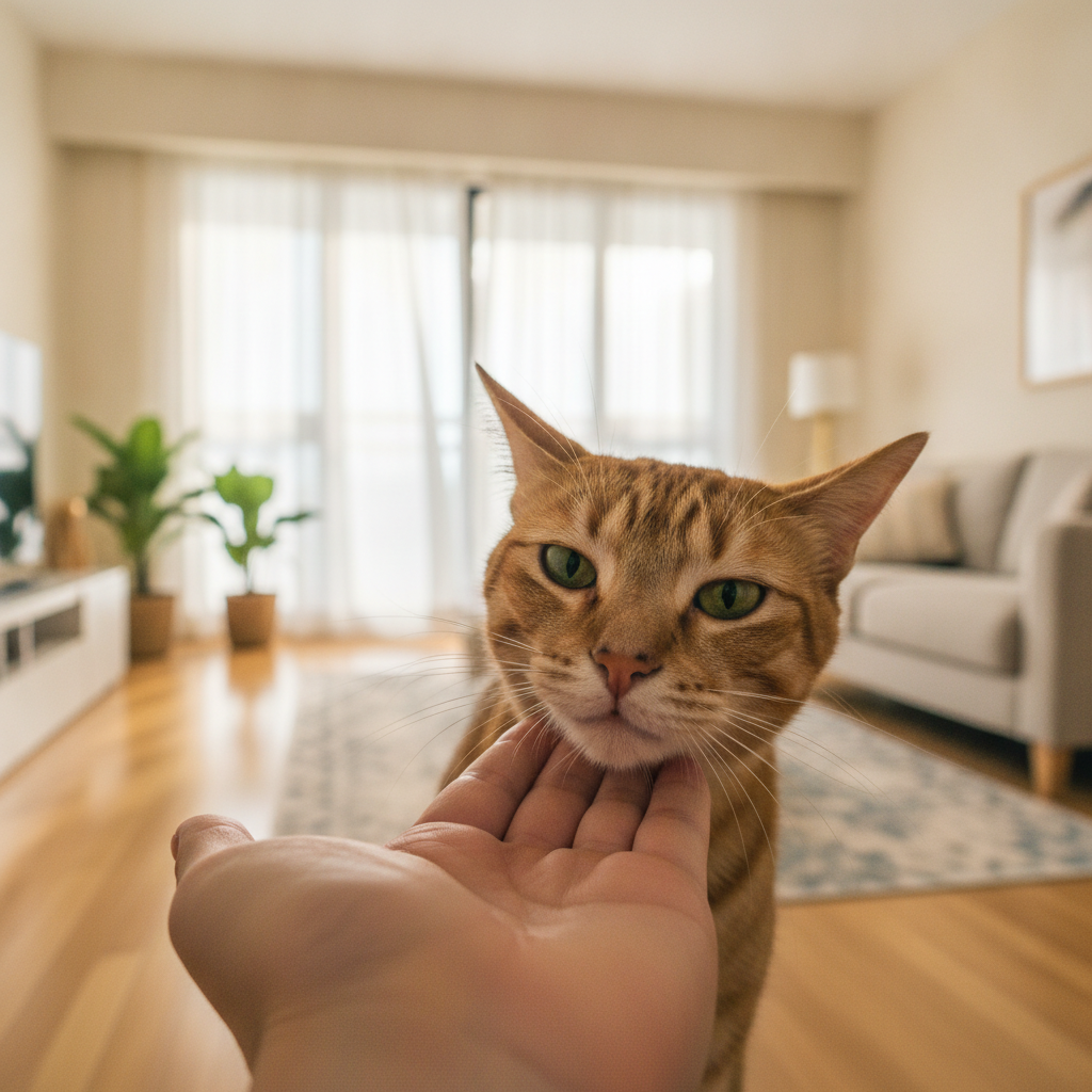 Seekor kucing menghidu tangan seseorang, menyiasat bau