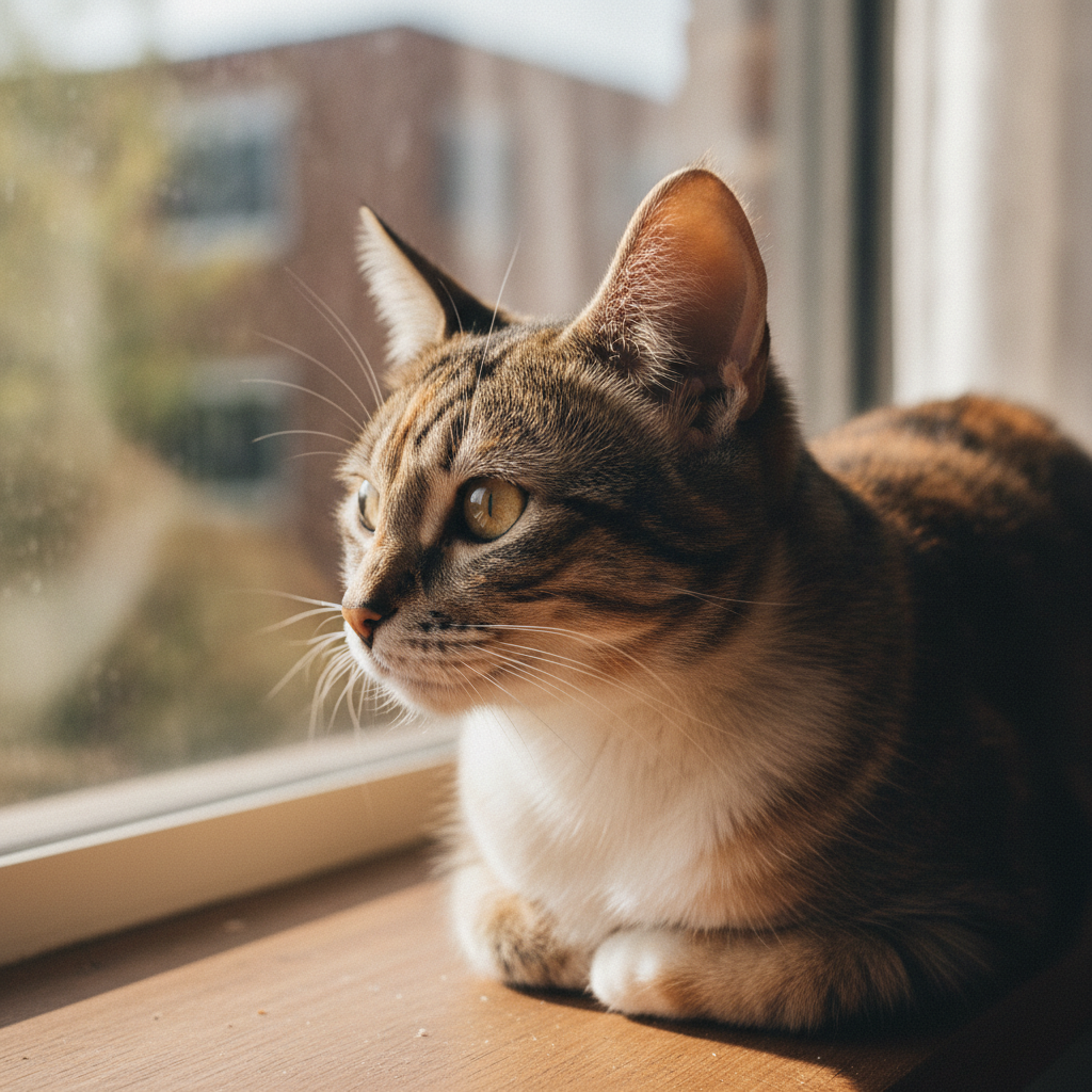 Seekor kucing dengan telinga dipusingkan dengan berjaga-jaga ke arah bunyi