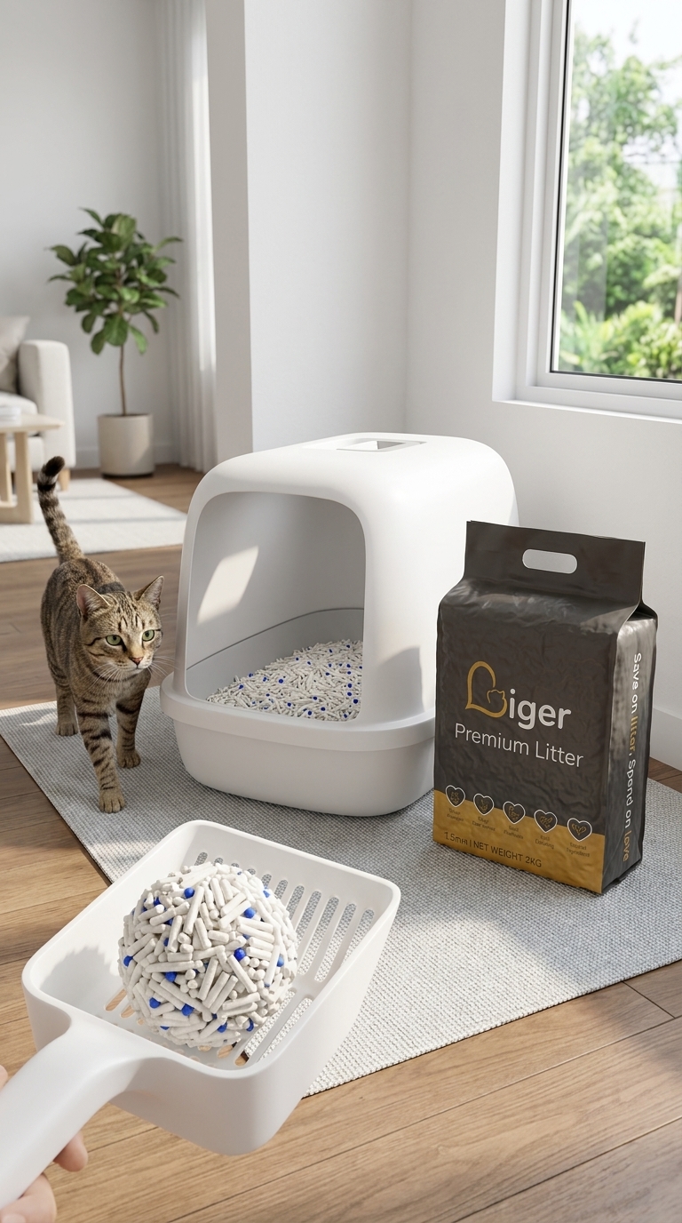 Kawasan kotak pasir yang bersih dengan sebeg Liger premium tofu cat litter di sebelahnya