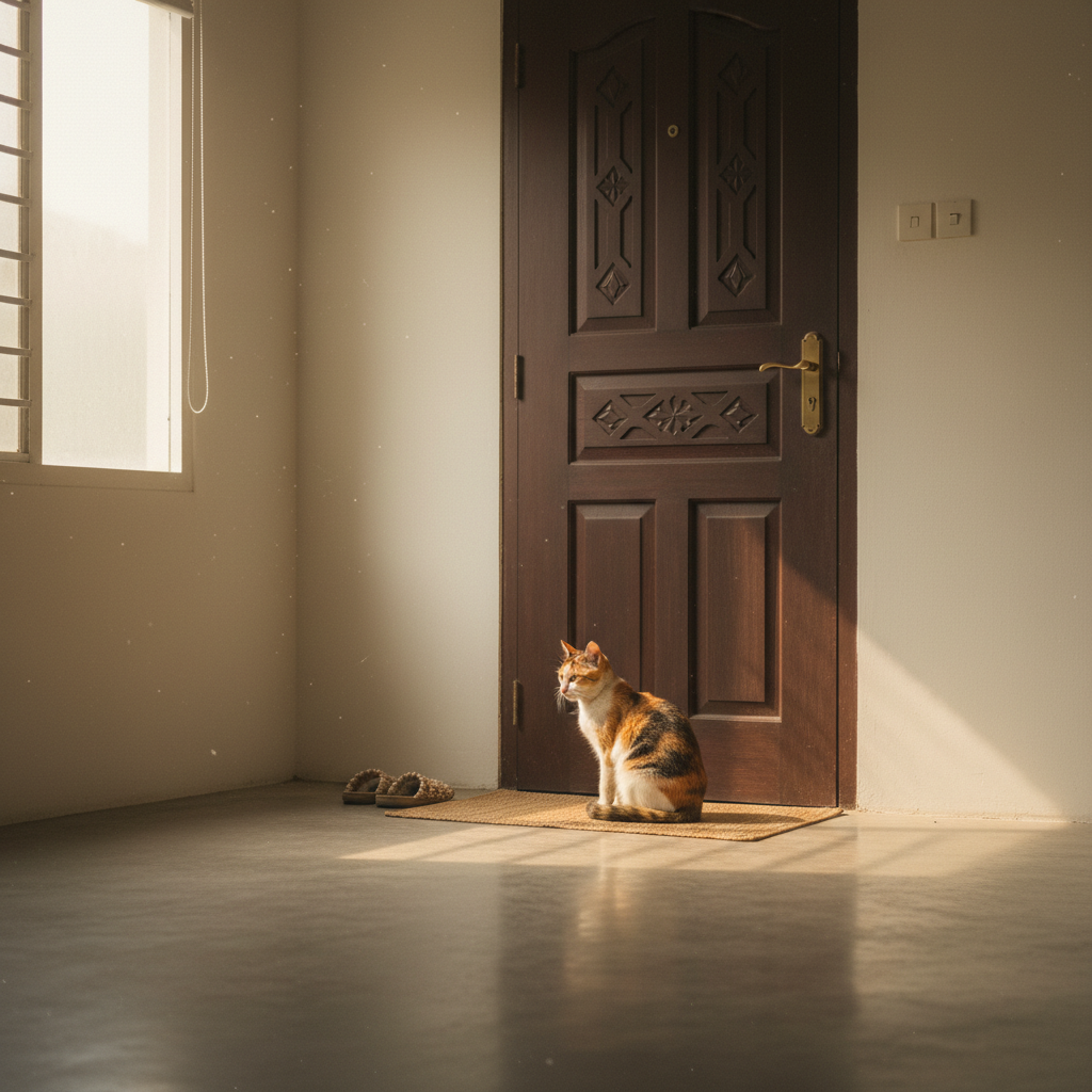 A cat waiting alone by the front door of an empty apartment