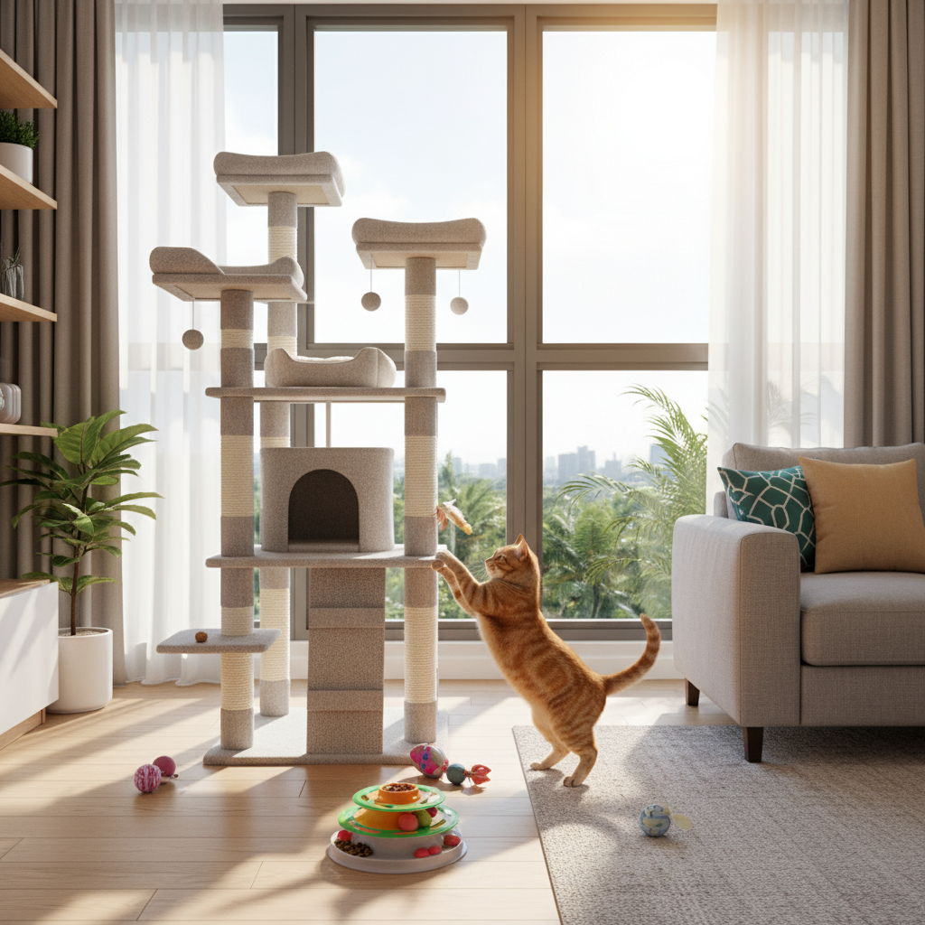 An enriched apartment with a cat tree, window perch and food puzzle to keep a home-alone cat occupied