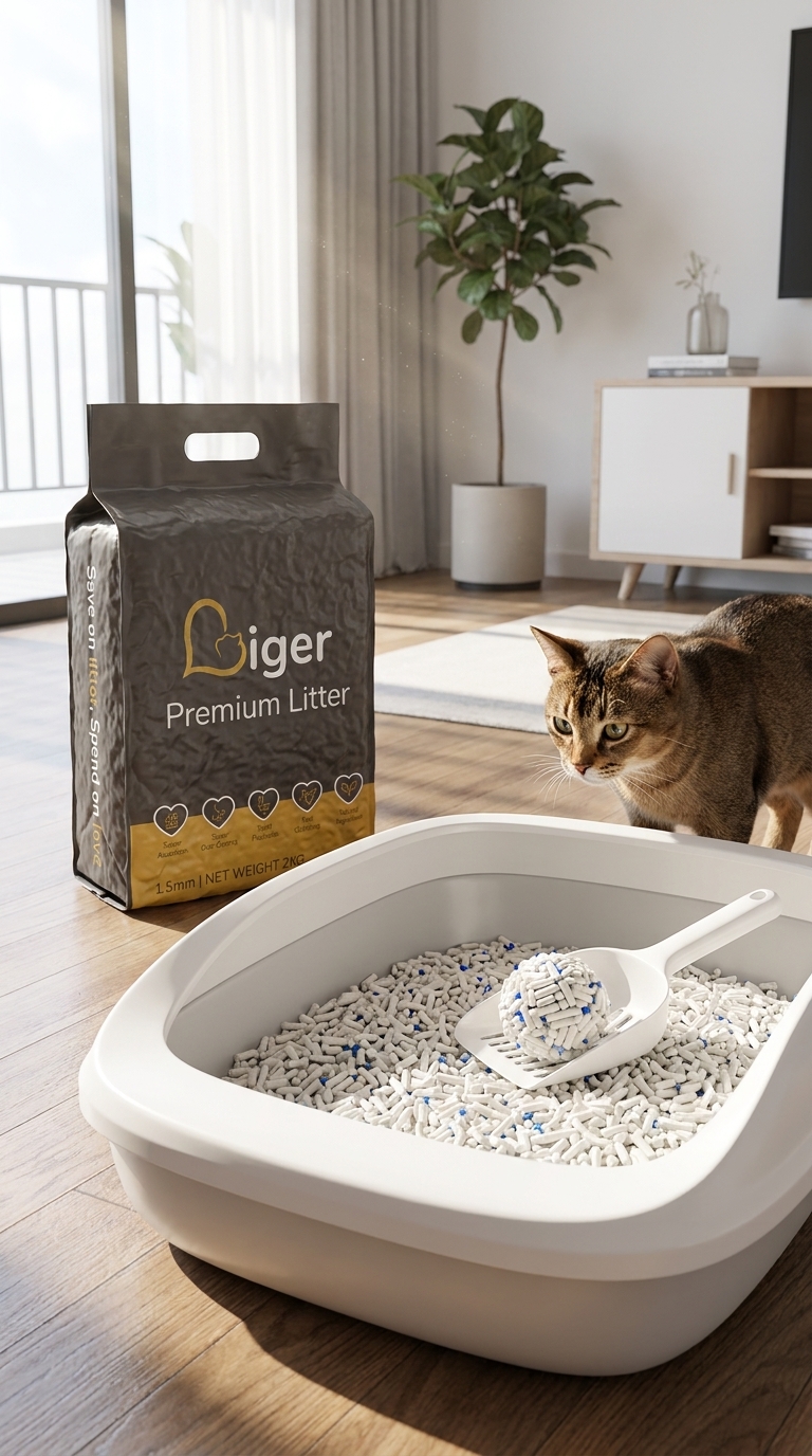 Liger豆腐猫砂包装袋摆放在整洁猫砂盆旁，适合术后低尘使用