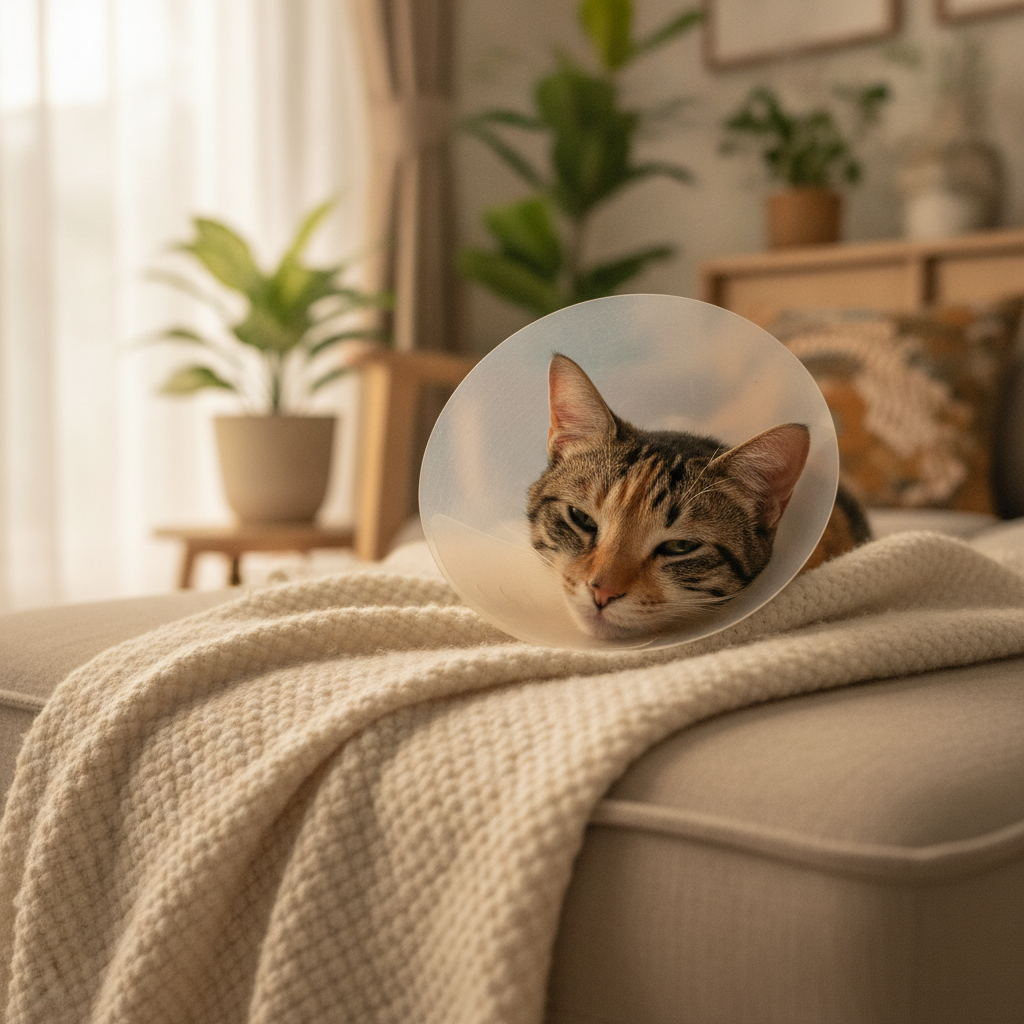 猫咪佩戴伊丽莎白颈圈在家中安静休息，正处于术后康复期