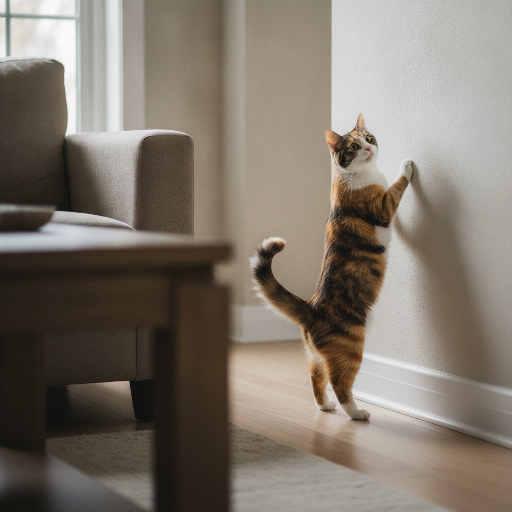 一只猫翘起尾巴靠在墙边进行气味标记