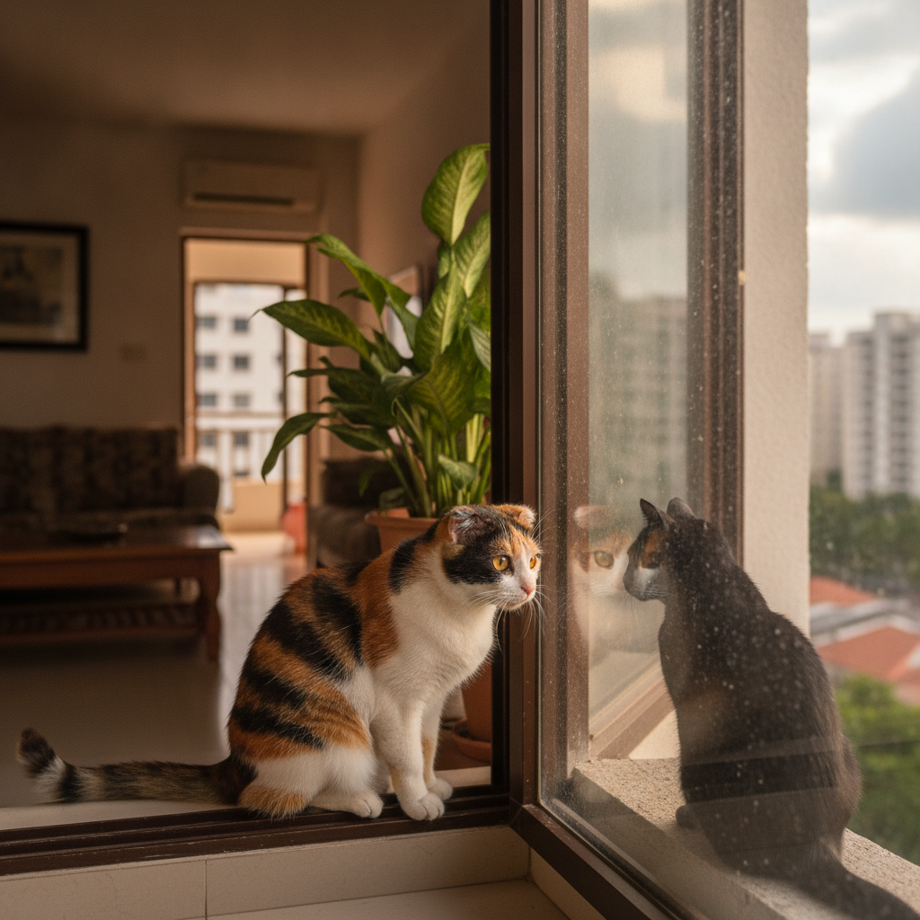 室内猫透过窗户警惕地看着外面另一只猫,这是常见的喷尿触发情境