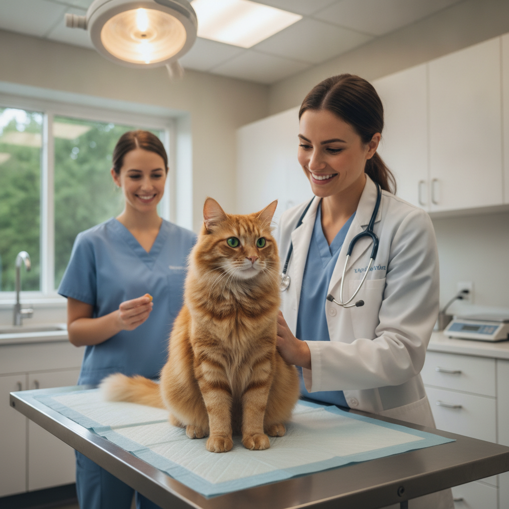 一只镇定的猫在兽医诊所接受检查,体现绝育和定期检查的重要性