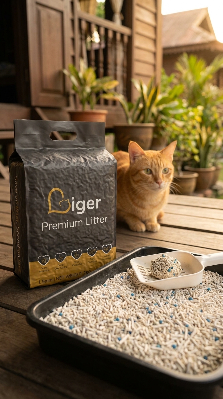 Liger生活场景：便携盆、豆腐颗粒、甘榜走廊上心满意足的猫。