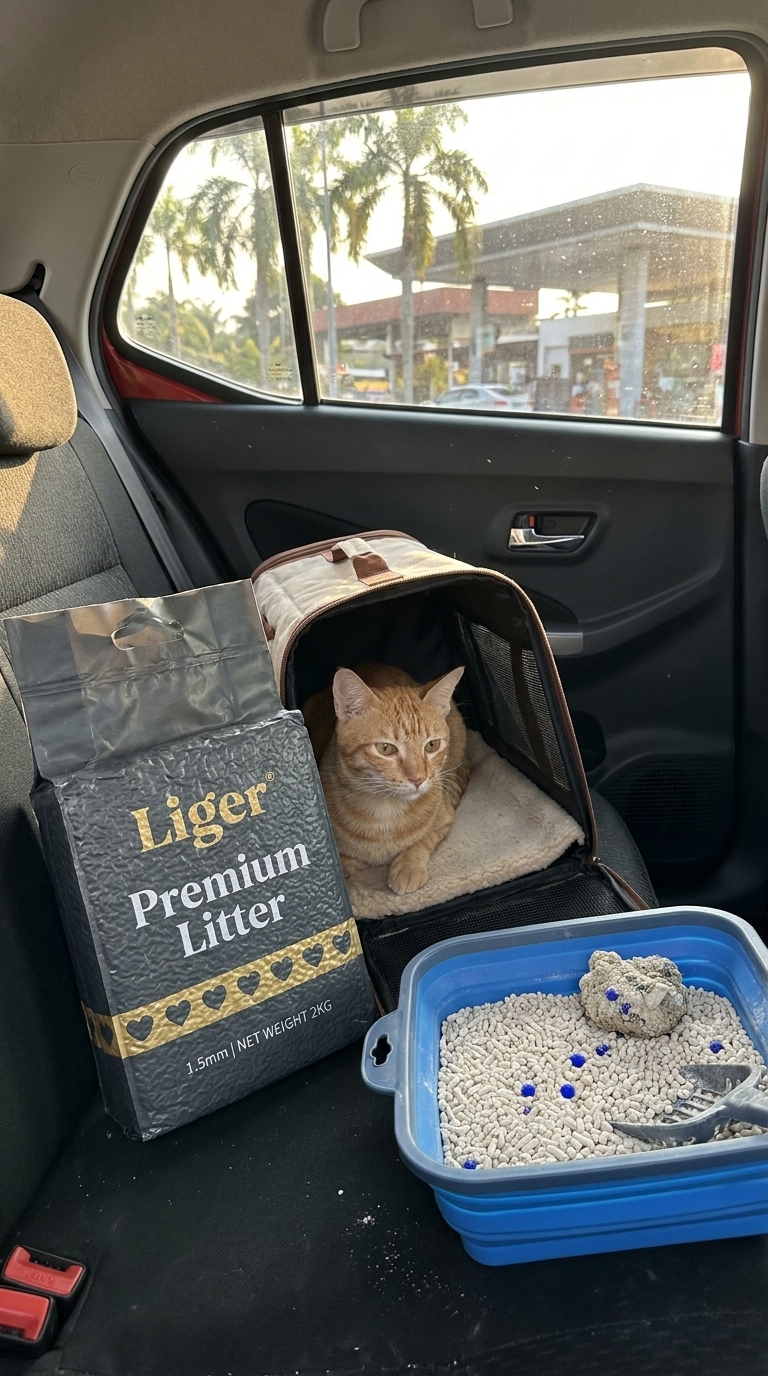 橘猫坐在外出笼里，旁边是Liger 1包装，准备周末mudik。