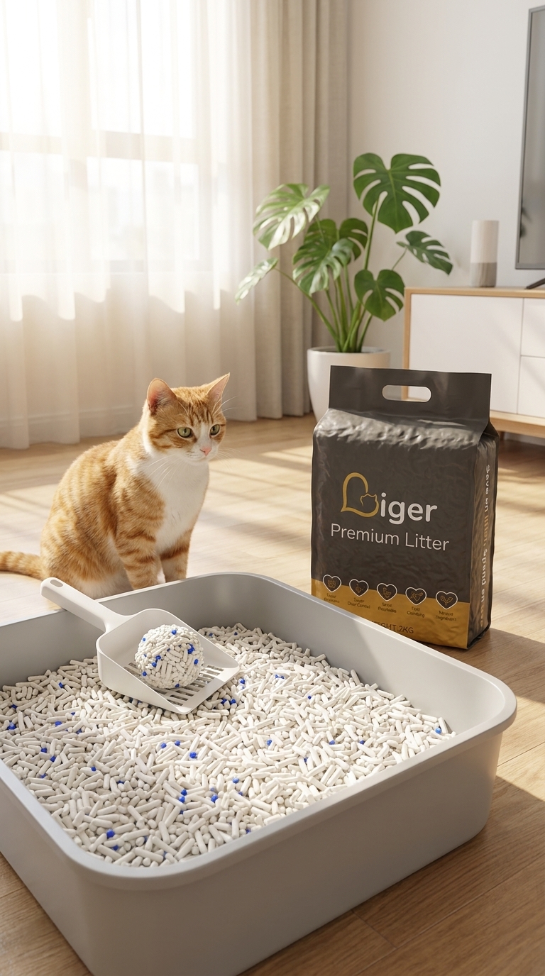 Liger tofu cat litter pack beside a clean litter box for at-home health monitoring