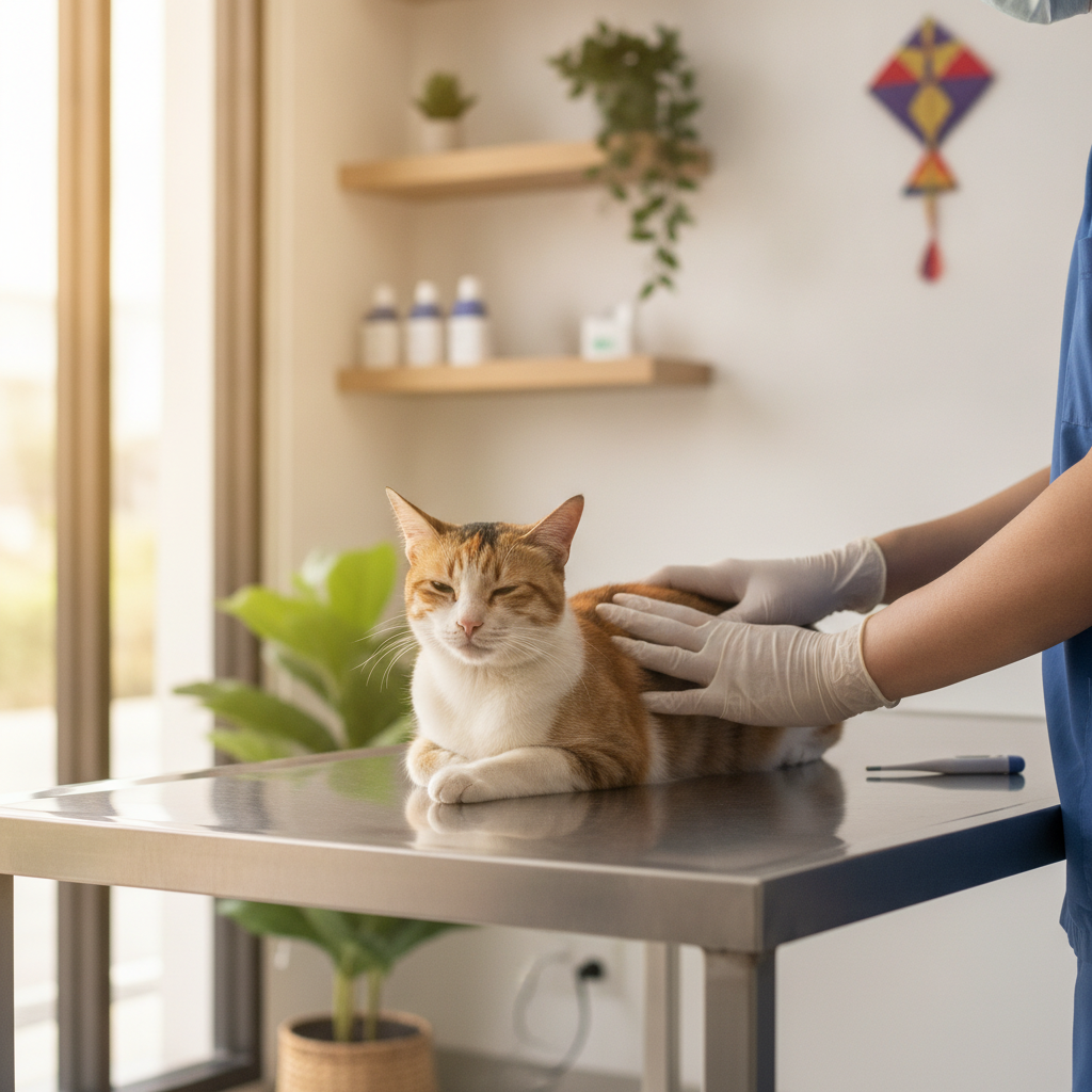 Cat being examined by a veterinarian before vaccination in a bright Malaysian clinic