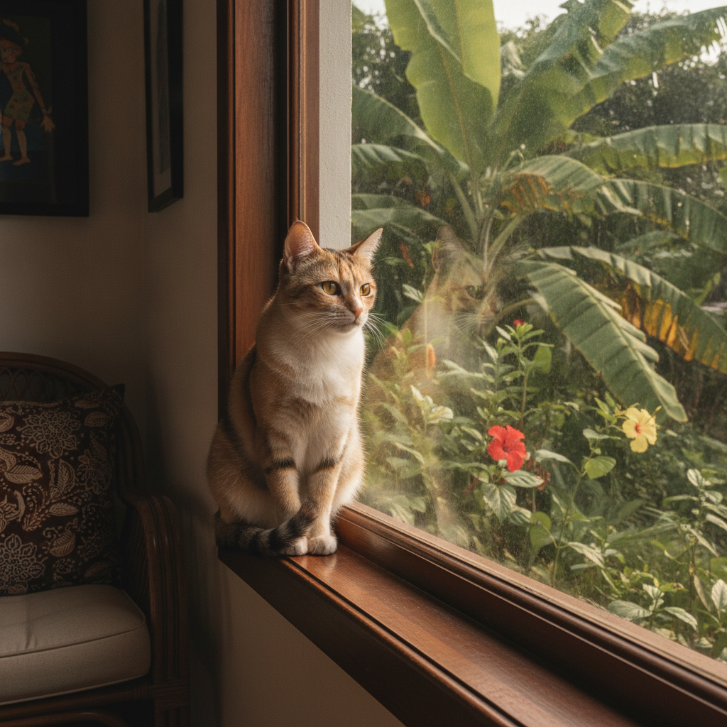 Adult cat looking out a window in a Malaysian home, illustrating indoor vs outdoor exposure risk