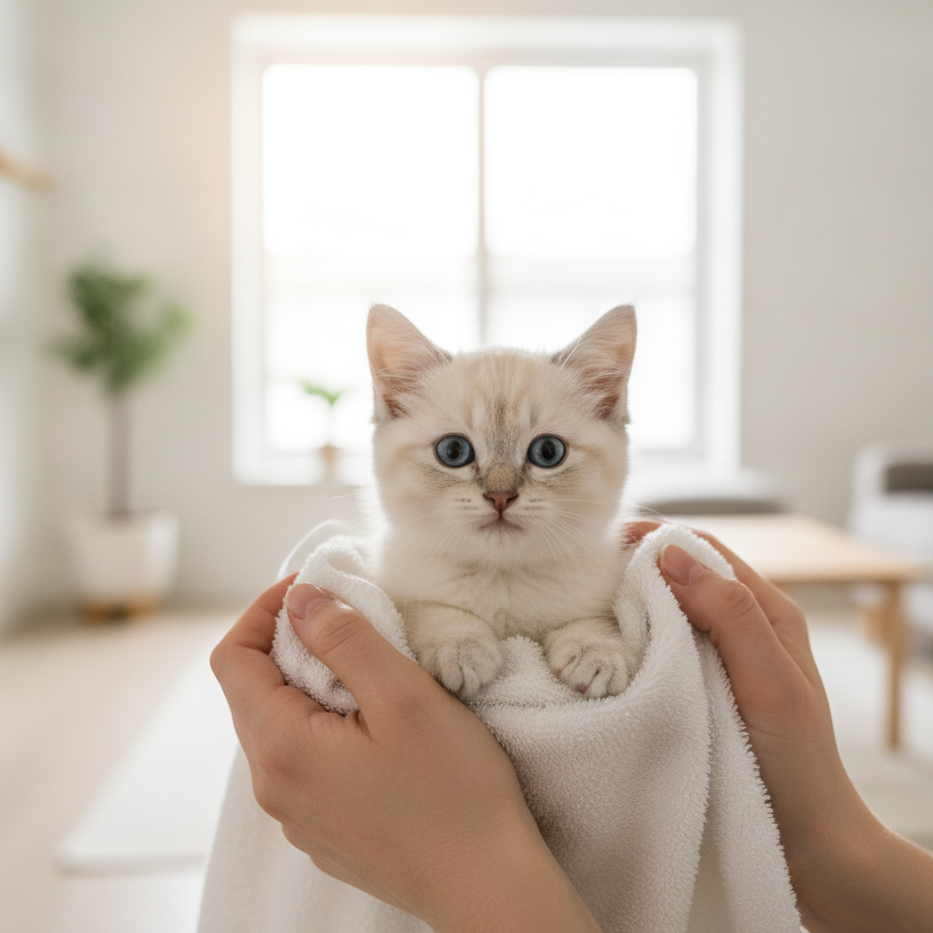 Young kitten being gently held during its primary vaccination series