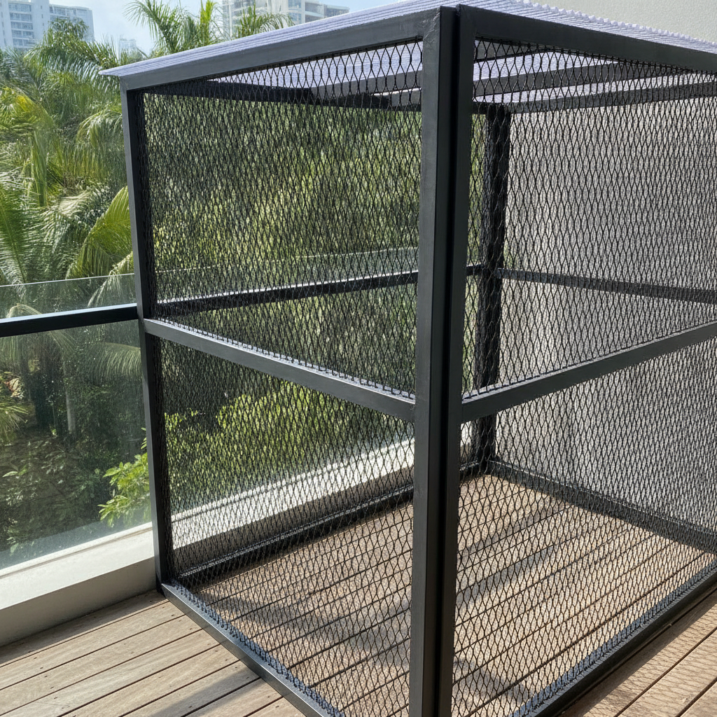 Rangka catio aluminium dengan jaring dawai kimpalan bersalut PVC dan bumbung polikarbonat di balkoni