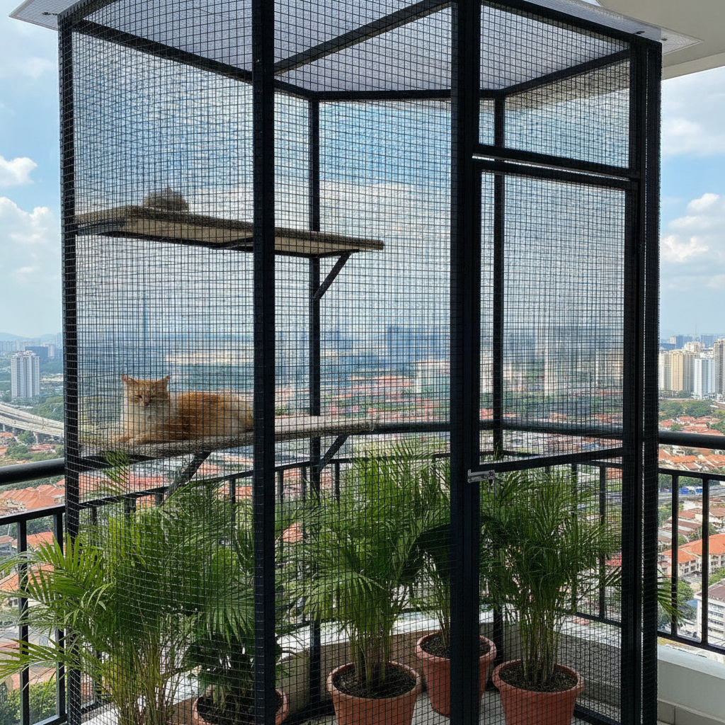 Kucing berehat di dalam catio jaring selamat di balkoni kondo bertingkat tinggi Malaysia