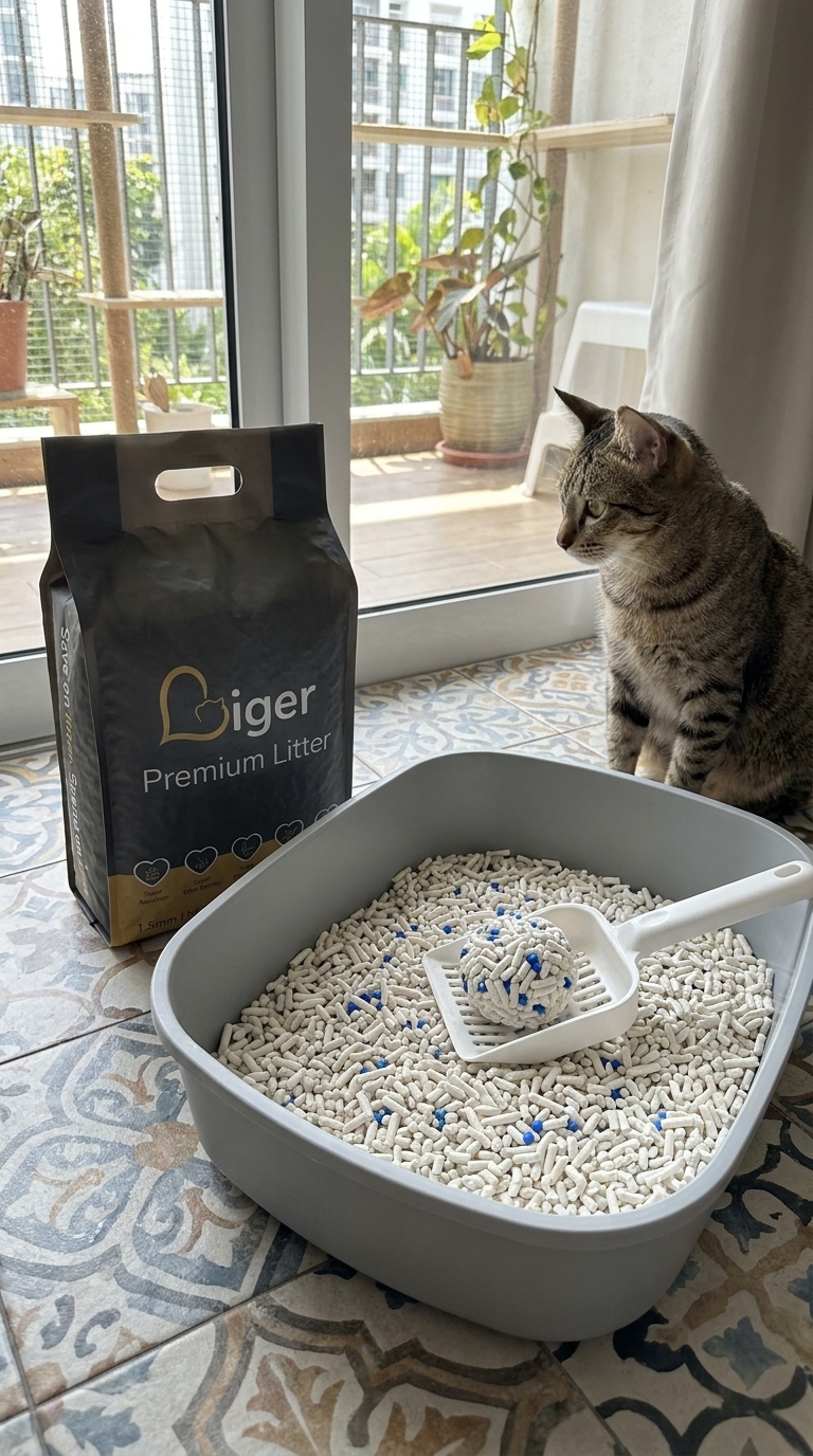 Peket beg berdiri pasir kucing tauhu Liger Premium 2kg di sebelah kotak pasir berhampiran pintu akses catio balkoni