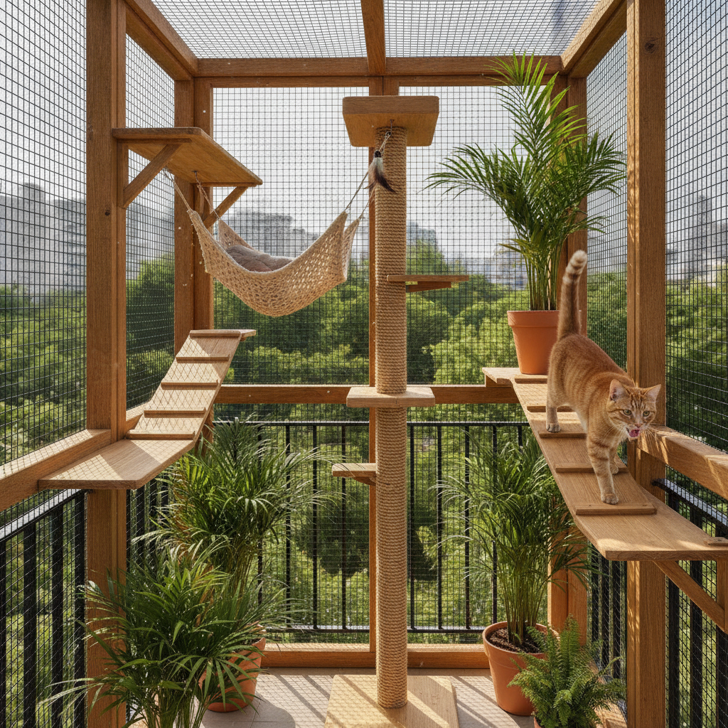 Bahagian dalam catio yang lengkap dengan rak pelbagai aras, hammock, tiang goresan dan tumbuhan selamat untuk kucing