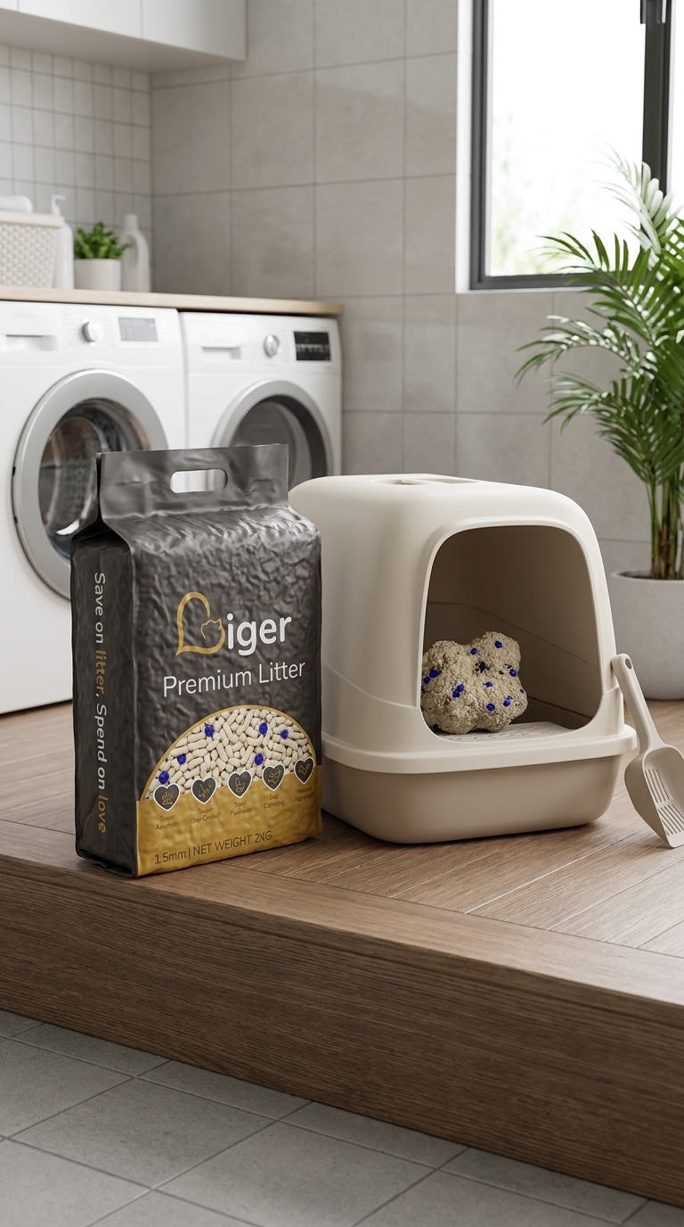 Liger tofu cat litter beside a covered litter box placed out of a dog's reach in a Malaysian home