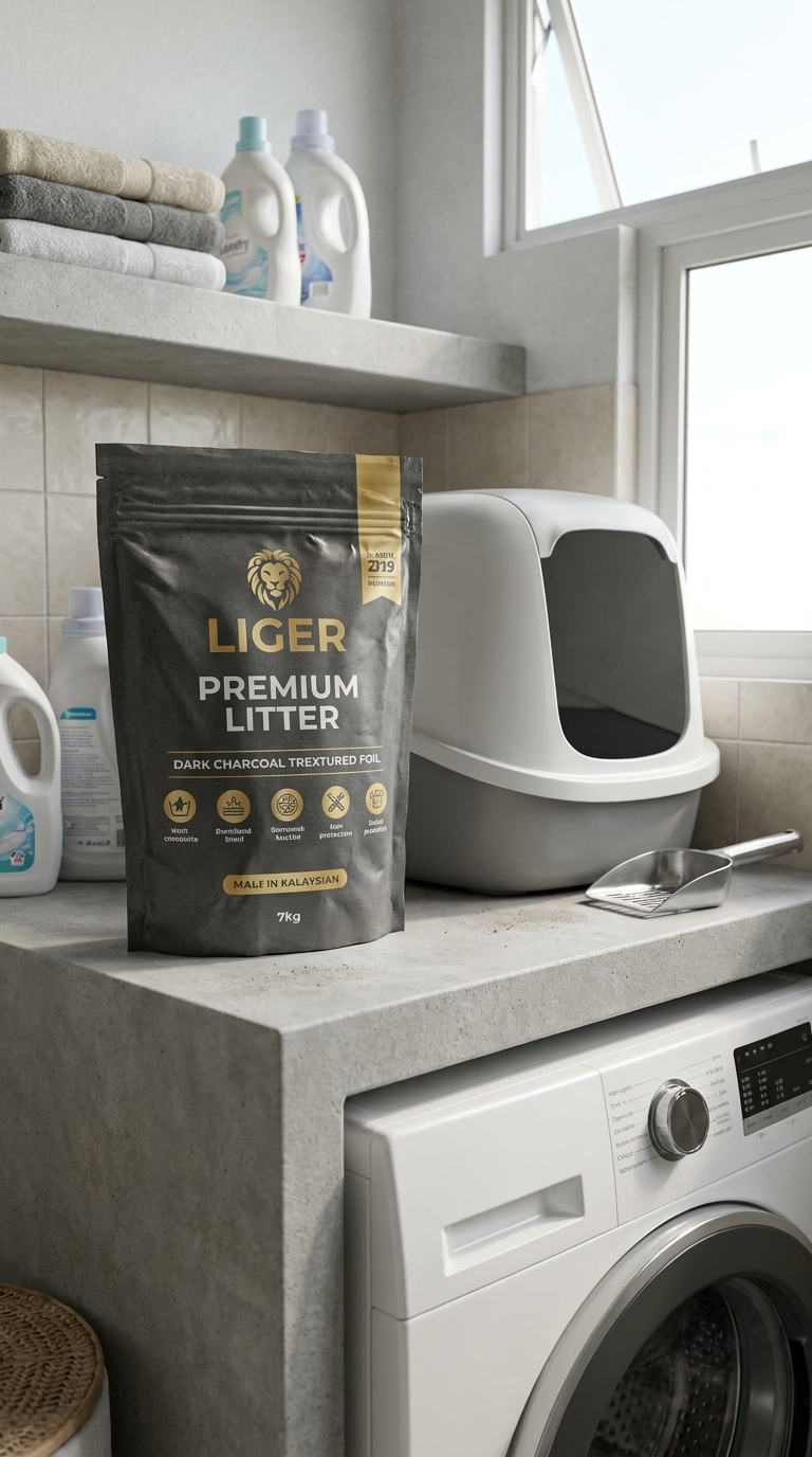 Liger tofu cat litter beside a covered litter box placed out of a dog reach in a Malaysian home
