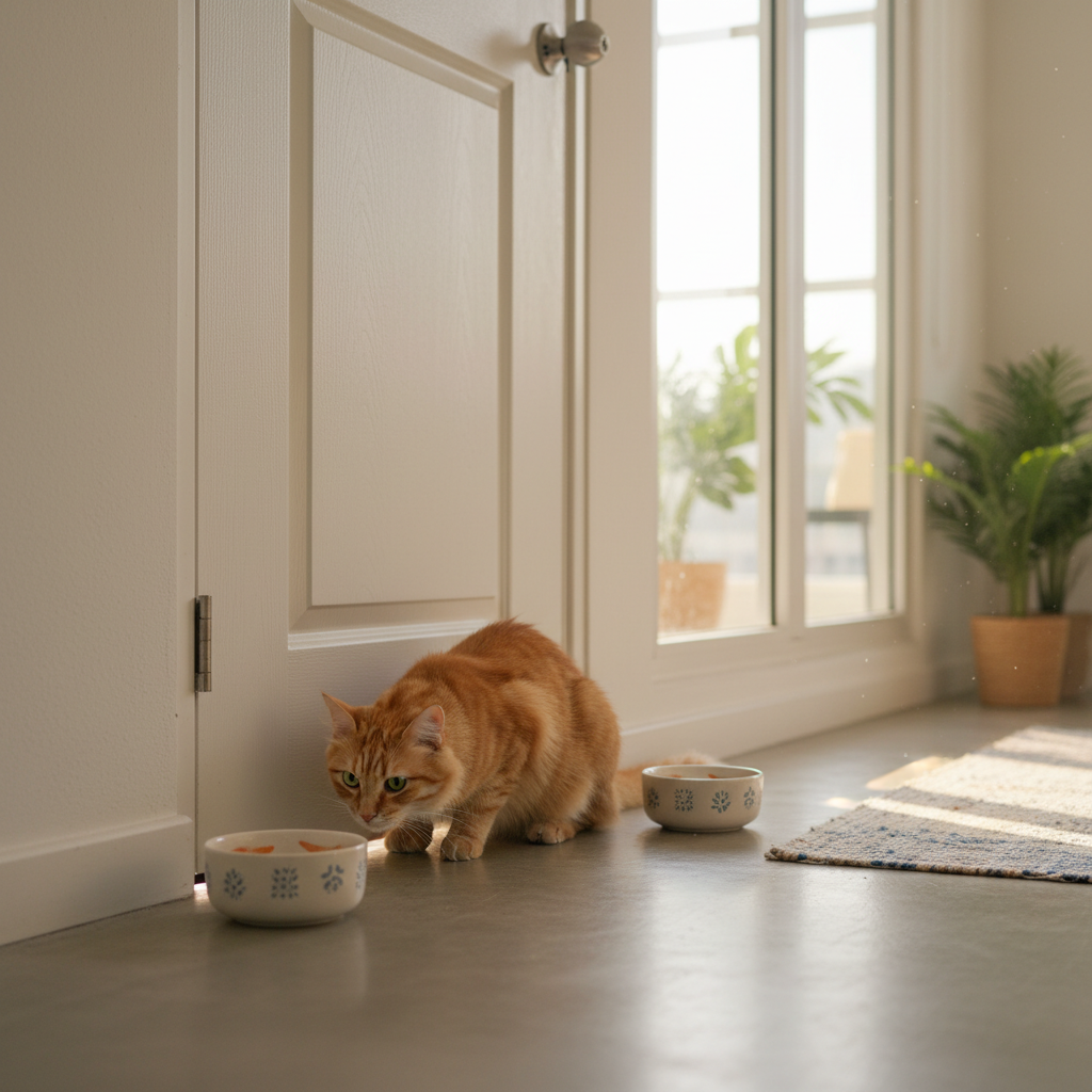 Cat and dog food bowls on opposite sides of a closed door during a slow pet introduction