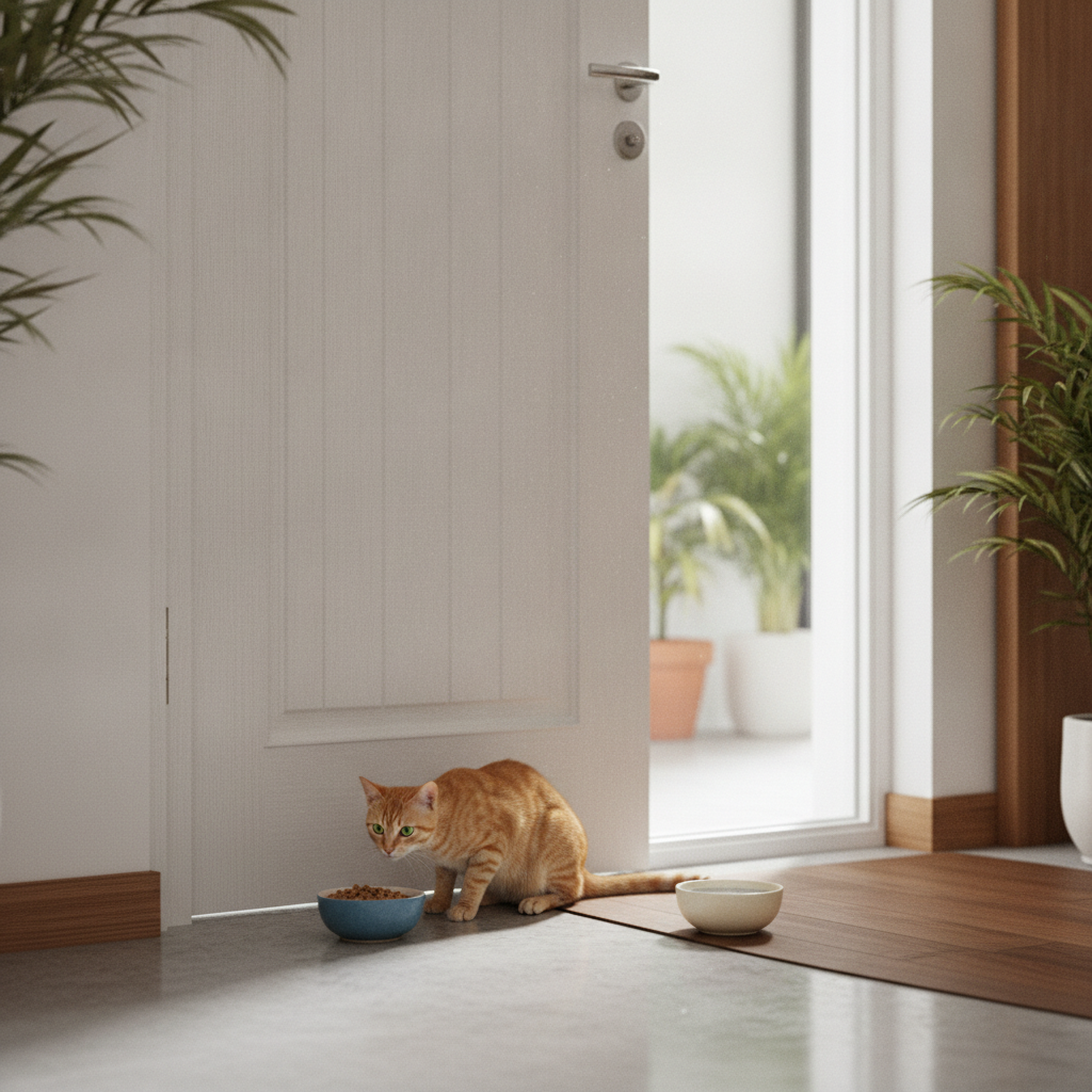 Cat and dog food bowls on opposite sides of a closed door during a slow pet introduction
