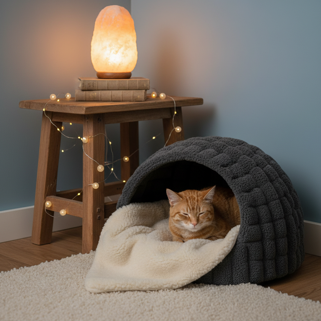 A cosy enclosed cat hideaway with soft bedding set up in a quiet room corner