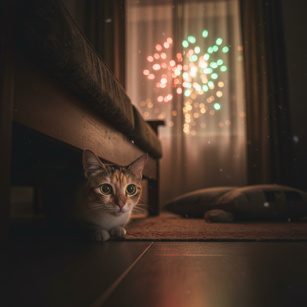 A frightened cat hiding under furniture during fireworks at night