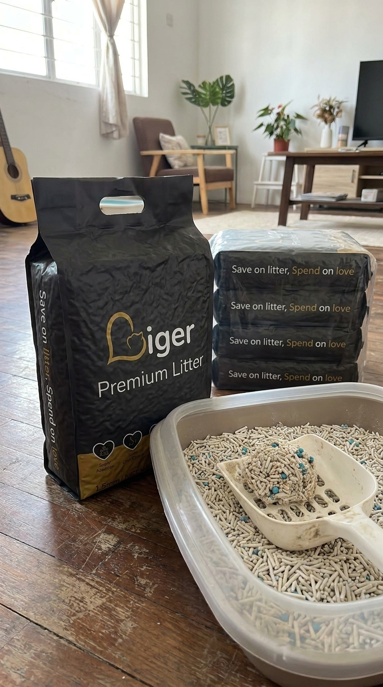 Liger Premium Tofu Cat Litter pack and value bundle beside a litter tray in a Malaysian home