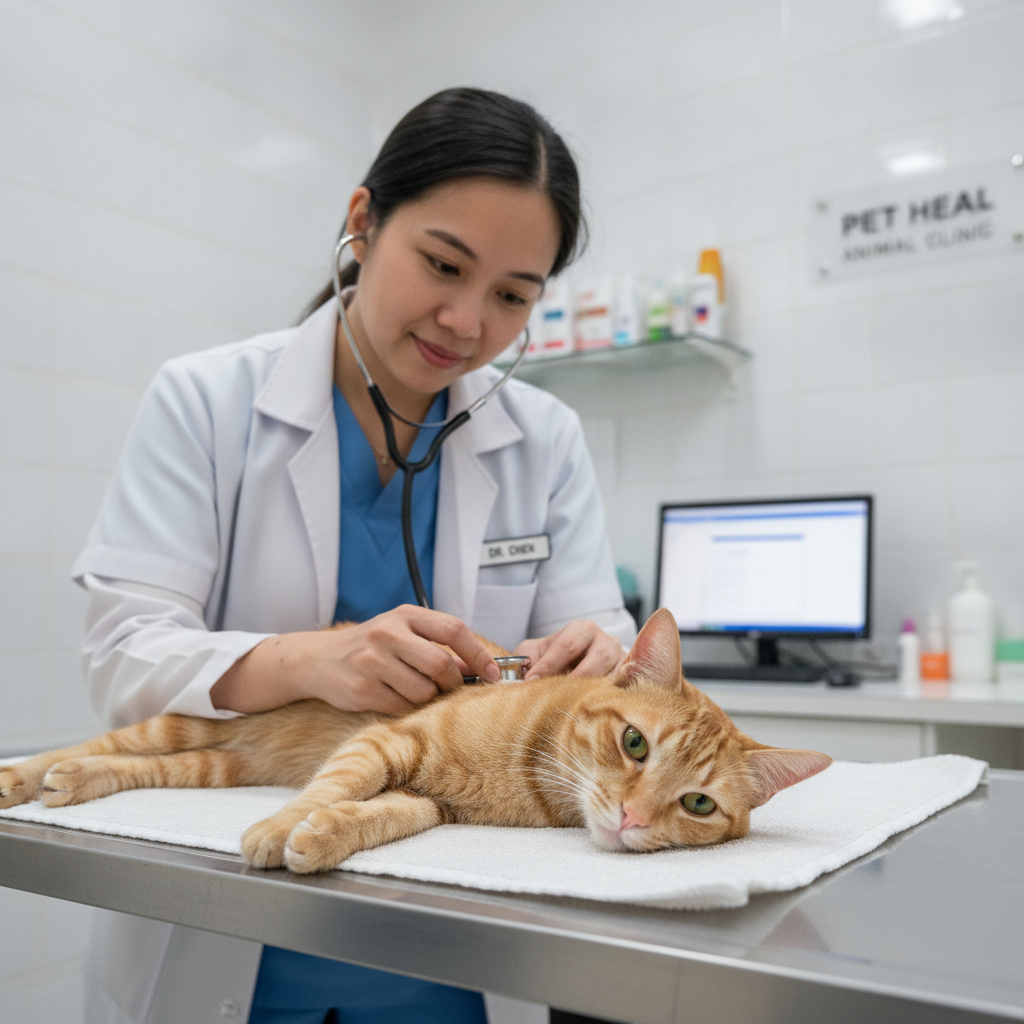 A vet examining a cat with a stethoscope at a Malaysian clinic