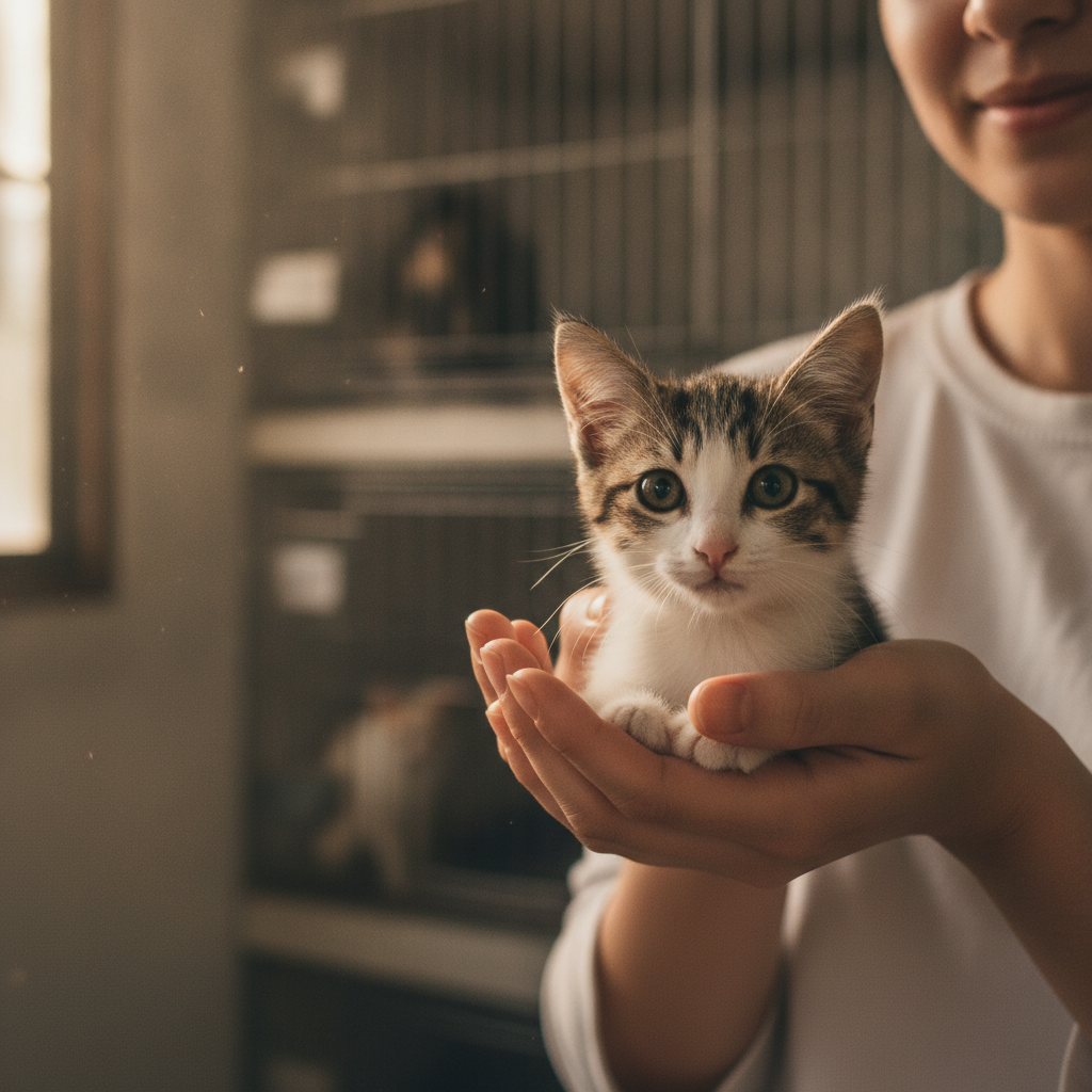 A kucing kampung kitten being adopted at a Malaysian animal shelter