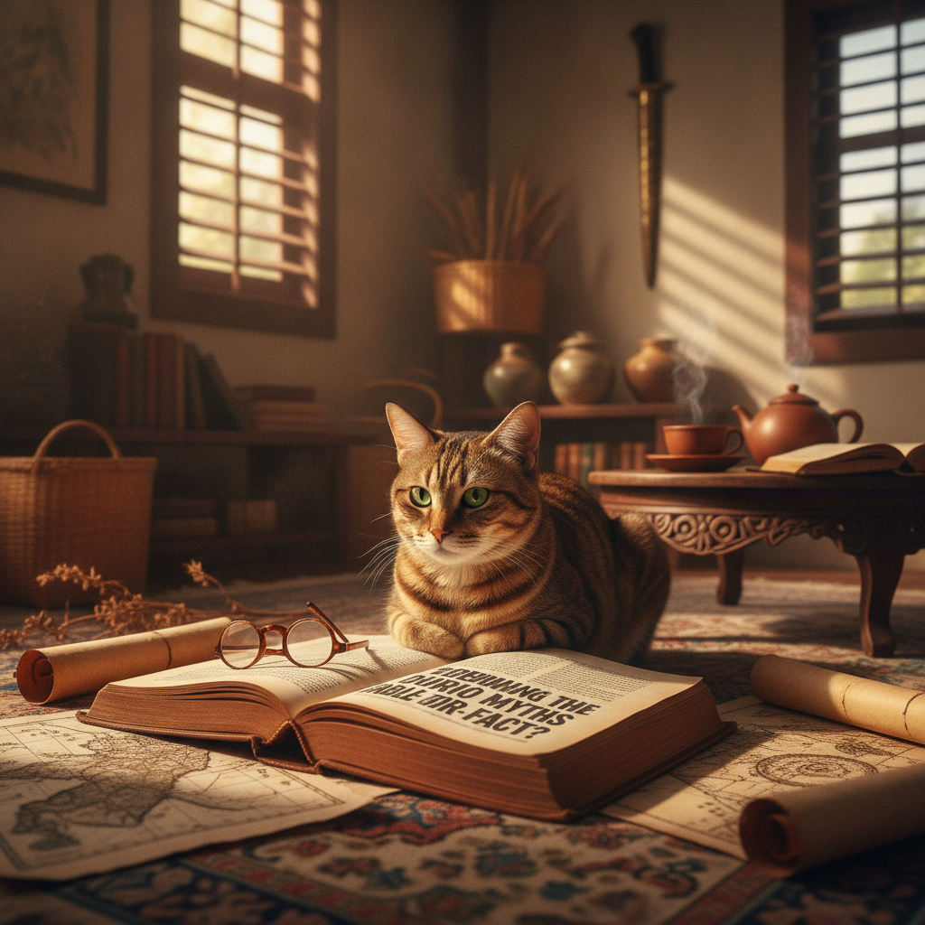 一只好奇的猫咪坐在翻开的书本旁,象征破解猫咪迷思