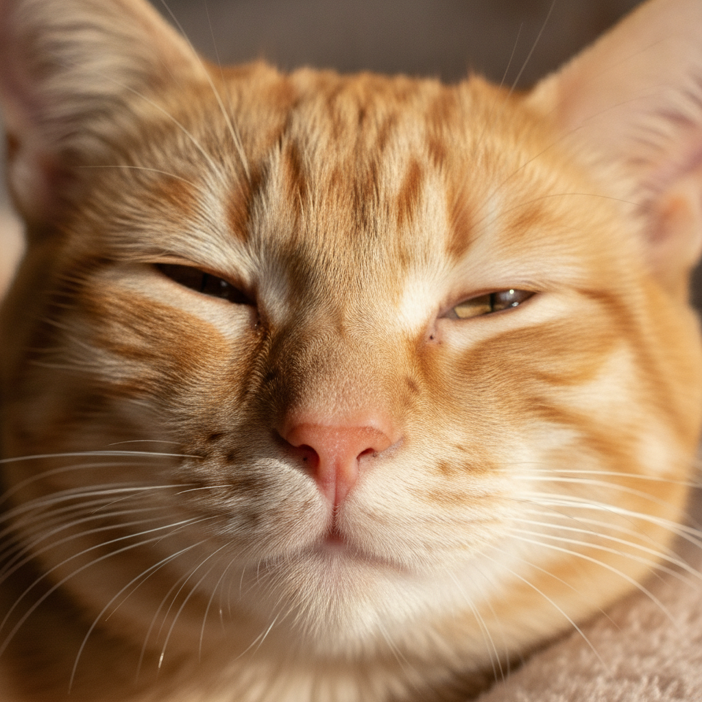 一只放松健康的猫咪在阳光下打盹,鼻子清晰可见的特写