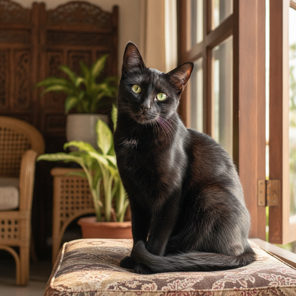 一只健康油亮的黑猫在充足自然光下友善地看向镜头