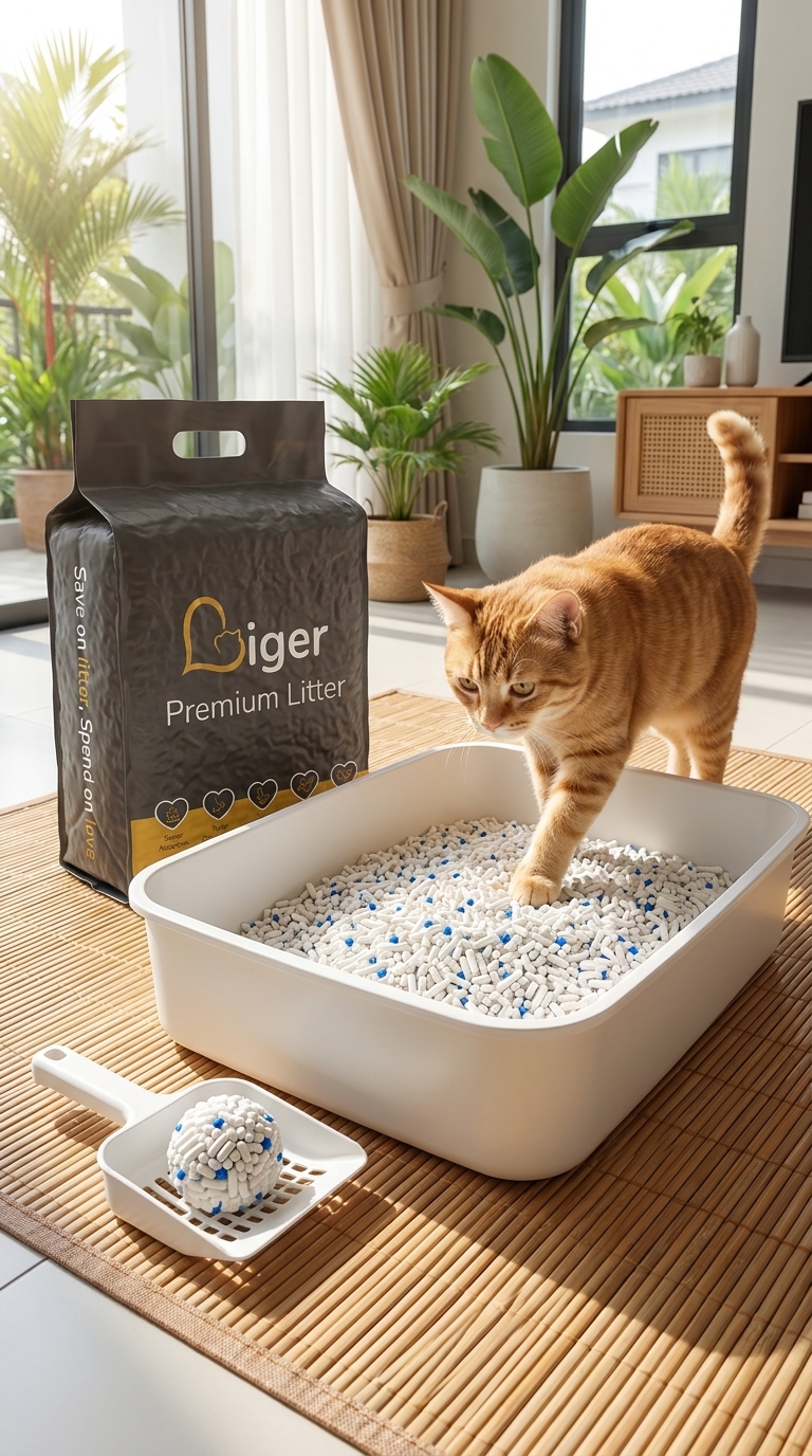 一个干净的猫砂盆旁放着一袋Liger优质豆腐猫砂