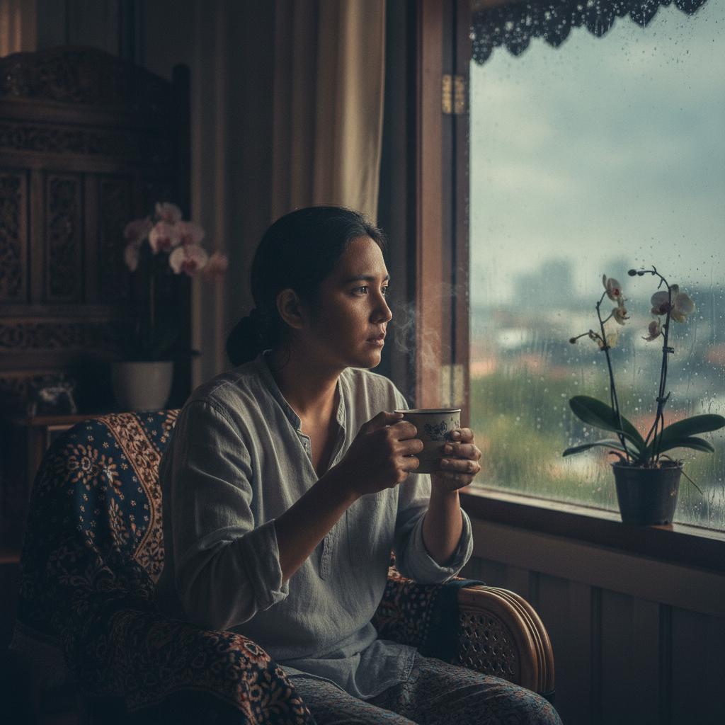 Seseorang duduk bertenang di tepi tingkap berhujan sambil memegang cawan minuman panas
