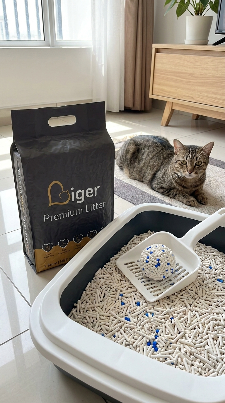 Beg Liger Premium Tofu Cat Litter di sebelah kotak pasir dengan kucing yang tenang berhampiran
