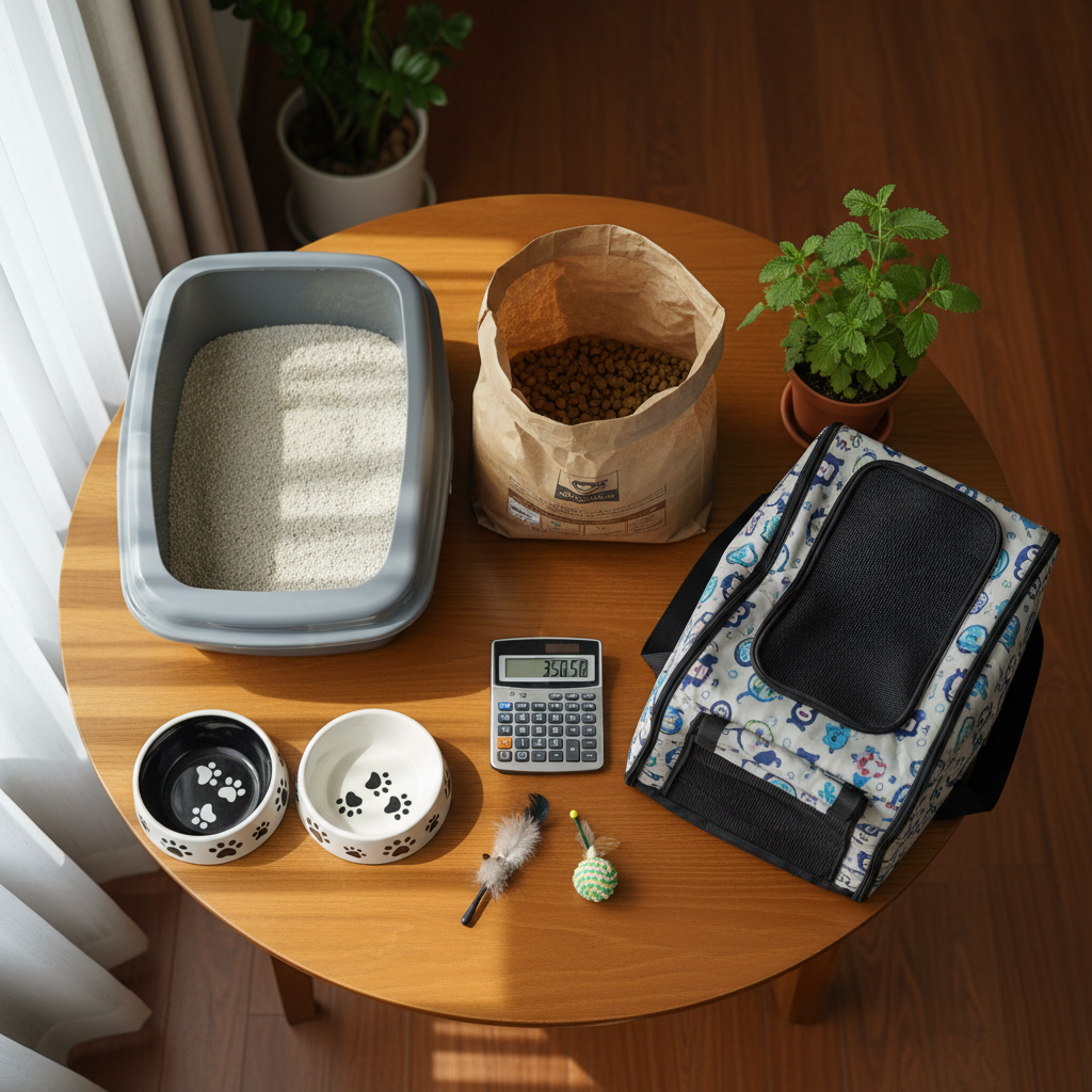 Overhead flat-lay of cat ownership essentials and a calculator representing cat costs