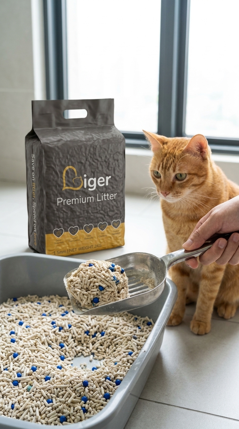猫家长在明亮的大马公寓浴室里从猫砂盆铲出结块紧实的豆腐猫砂，旁边有一只虎斑猫在观察
