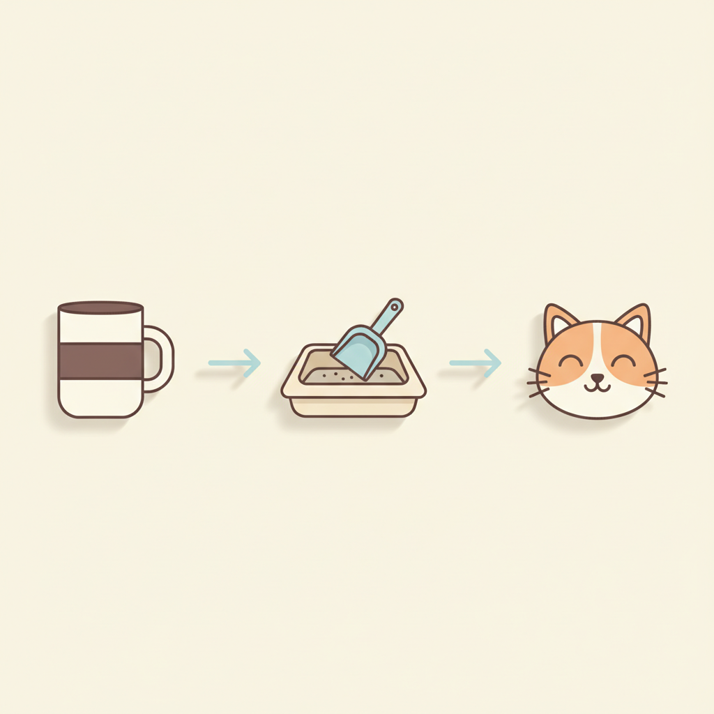 Habit stacking chain diagram linking morning coffee to litter scoop to a happy cat