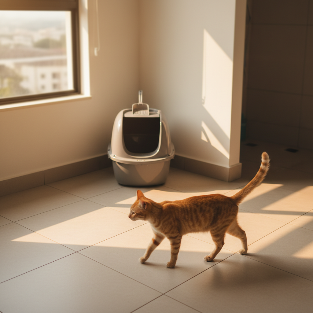 Calm Malaysian condo bathroom corner with a litter tray and a cat passing by in morning light