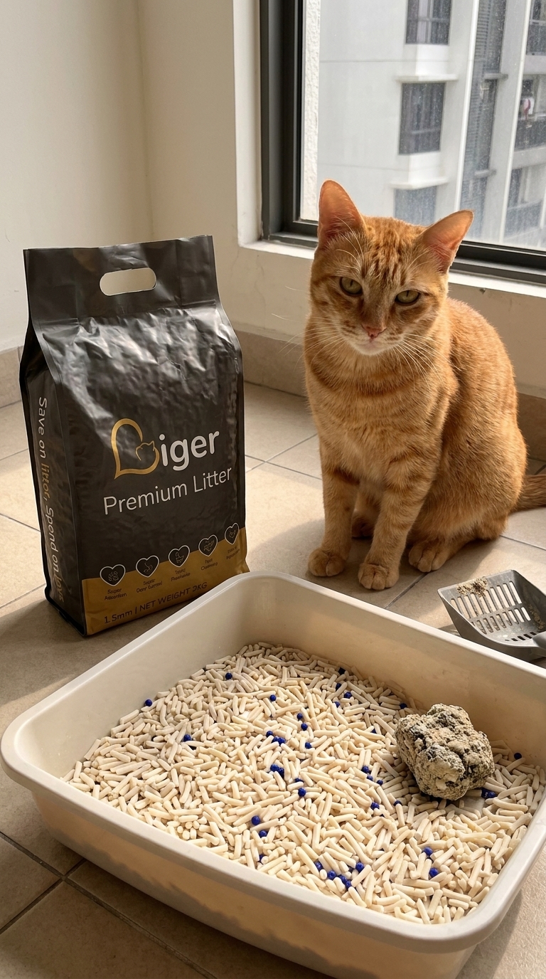 An orange tabby cat sits contentedly beside a clean litter tray with a Liger tofu cat litter bag in the background