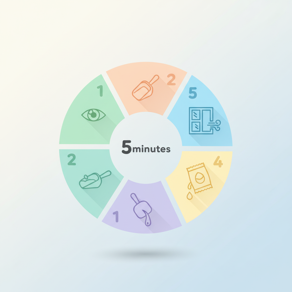 Infographic showing the 5-minute daily litter box routine broken into visual check, scoop, top up, and ventilation segments