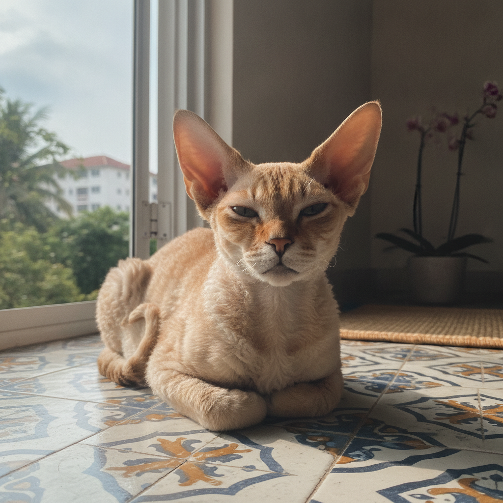 A Devon Rex cat resting on cool tiles in a Malaysian apartment