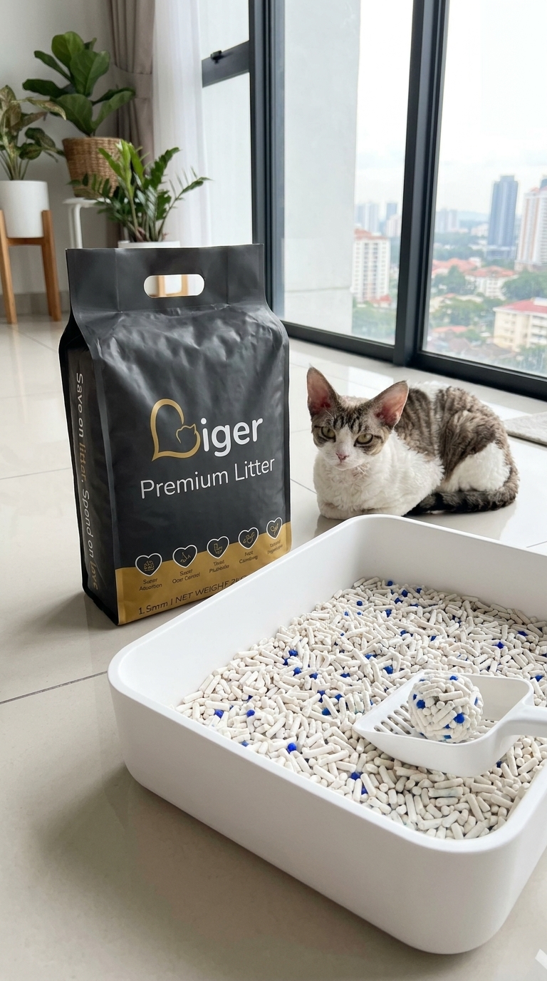 Liger Premium tofu cat litter beside a clean litter box for a Devon Rex cat