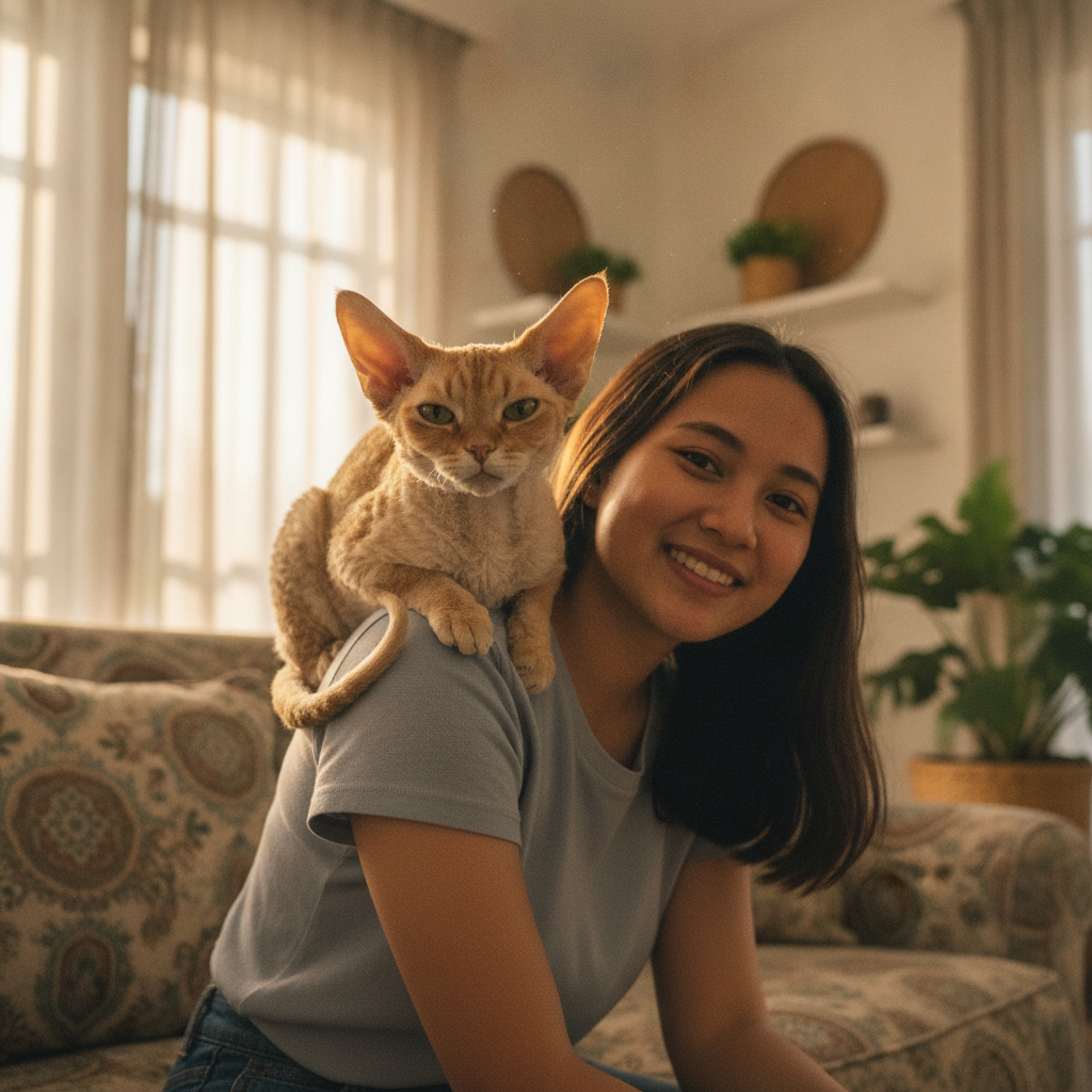 A Devon Rex cat perched on its owner's shoulder in a Malaysian home