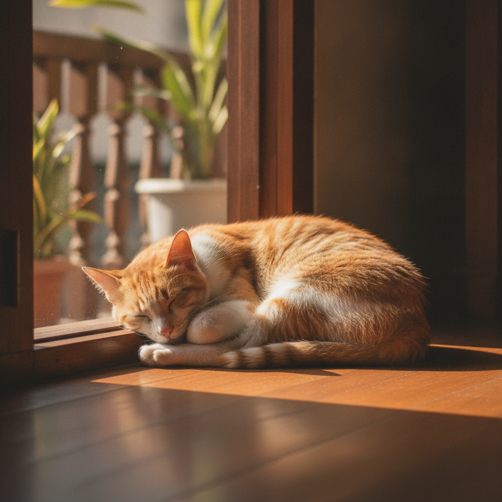 A cat curled up asleep in a sunbeam on a windowsill