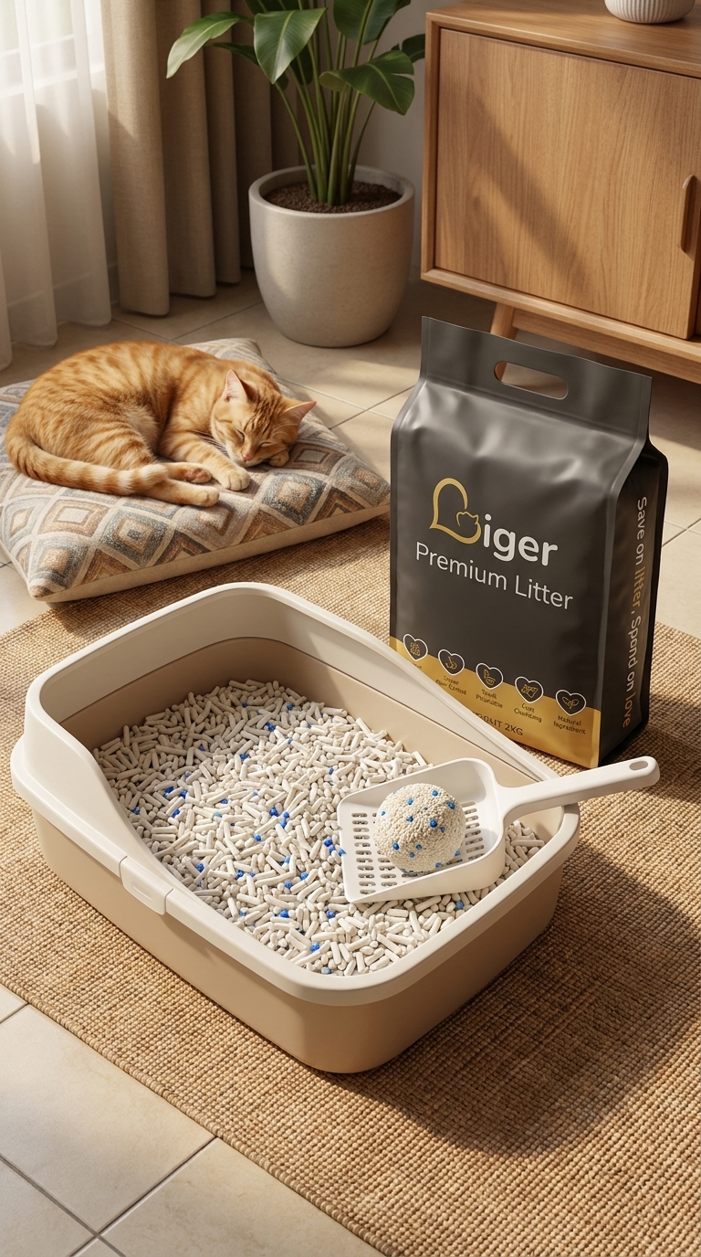 A clean quiet litter area with a bag of Liger tofu cat litter and a resting cat